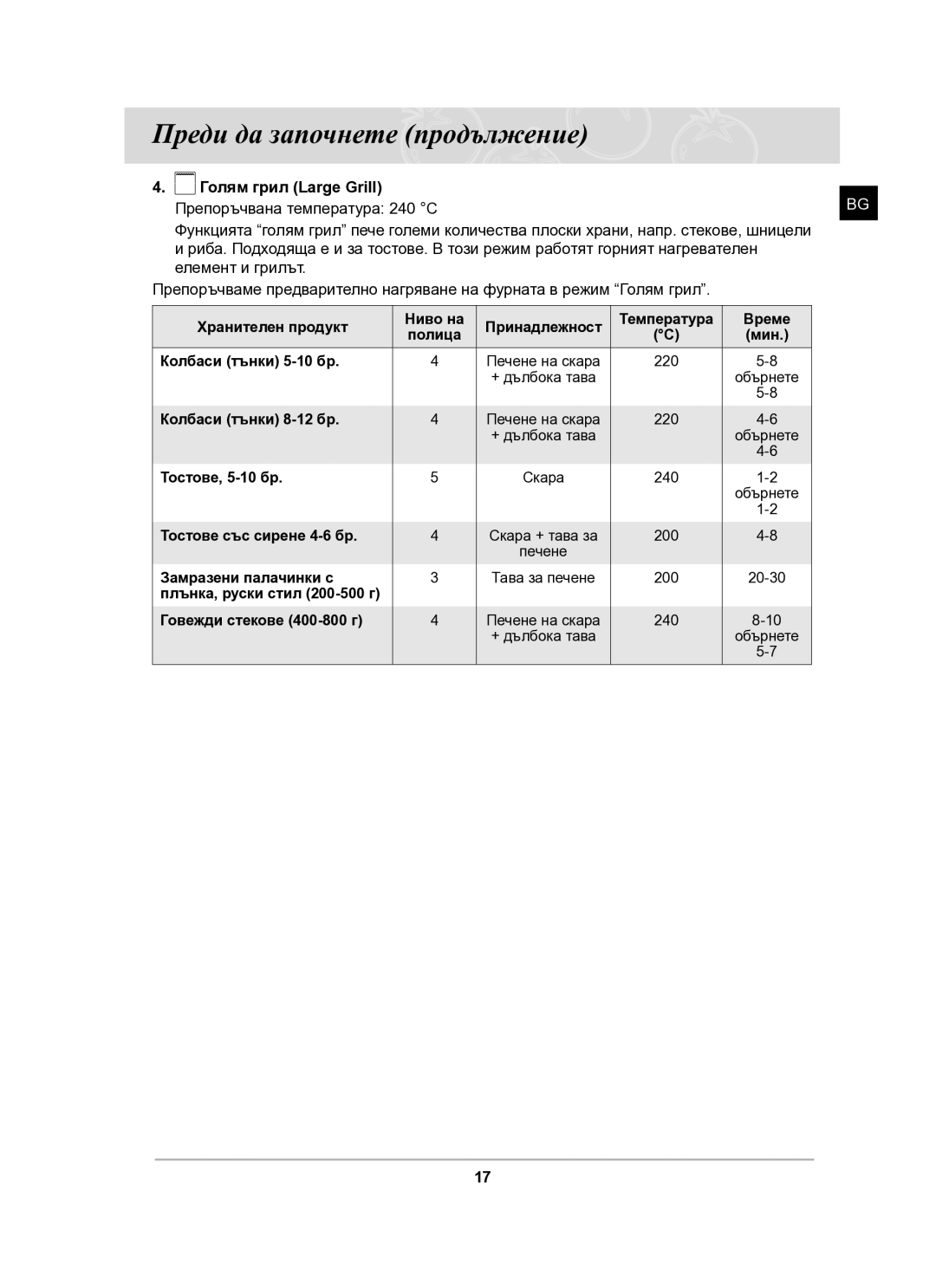 Samsung BT61CDST/BOL manual Голям грил Large Grill Препоръчвана температура 240 C 