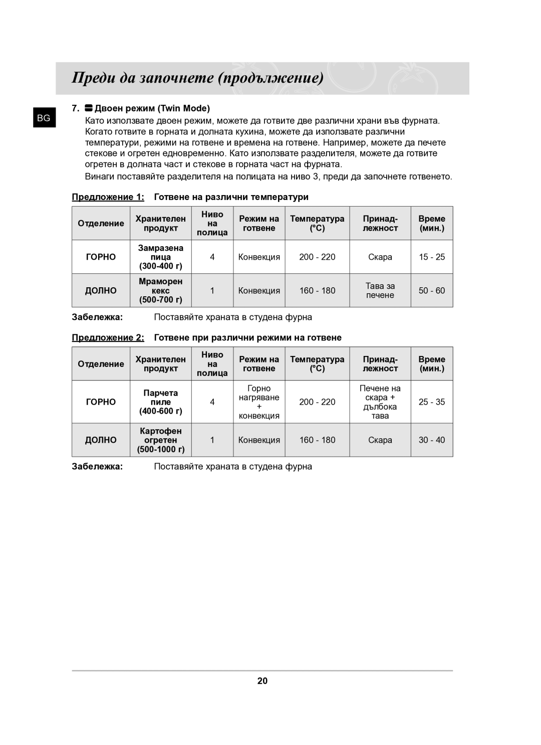 Samsung BT61CDST/BOL manual Двоен режим Twin Mode, Предложение Готвене на различни температури 