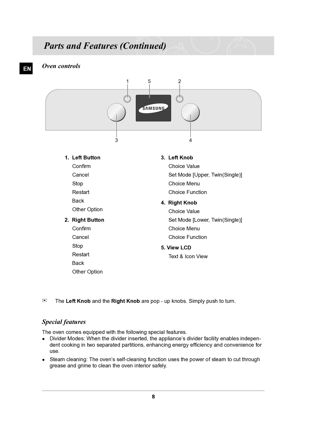 Samsung BT61CDST/BOL manual Oven controls, Special features 