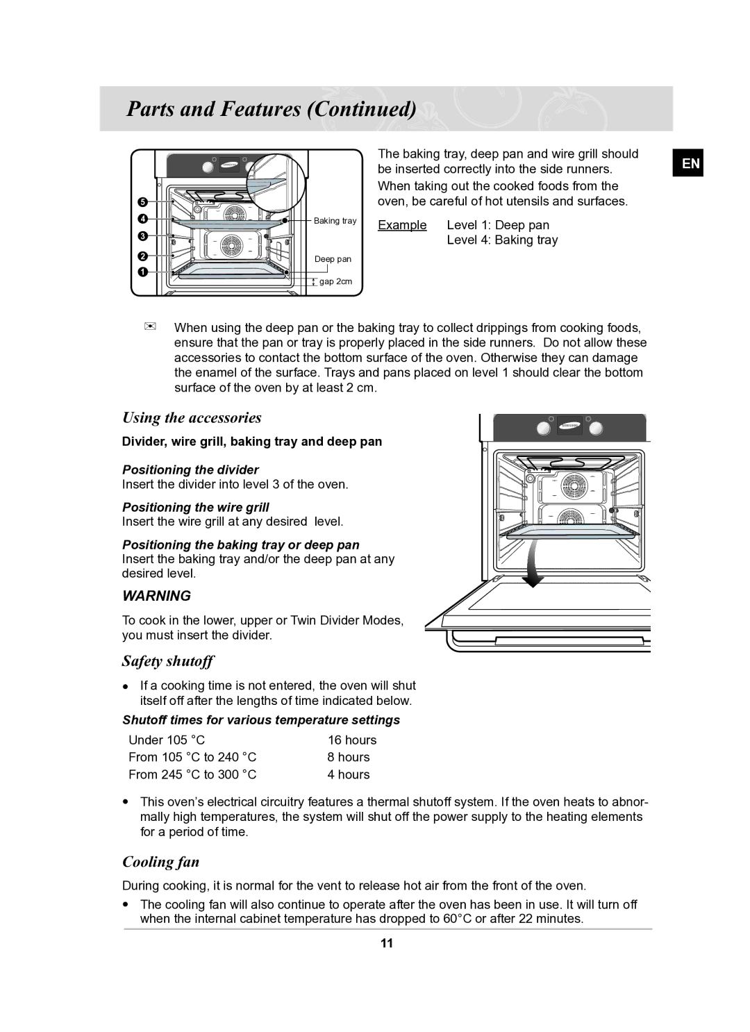 Samsung BT61CDST/BOL manual Using the accessories, Safety shutoff, Cooling fan 