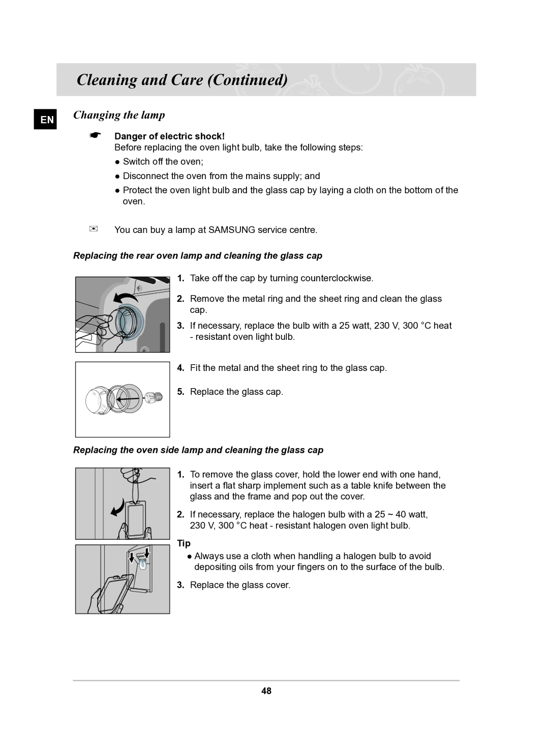 Samsung BT61CDST/BOL manual Changing the lamp,  Danger of electric shock, Tip 