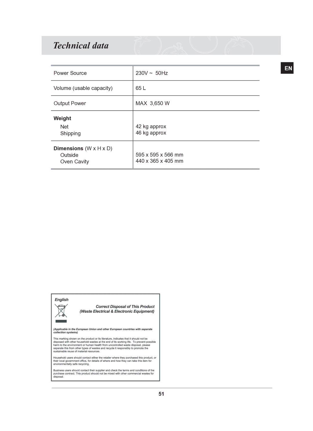 Samsung BT61CDST/BOL manual Technical data, Weight, Dimensions W x H x D 