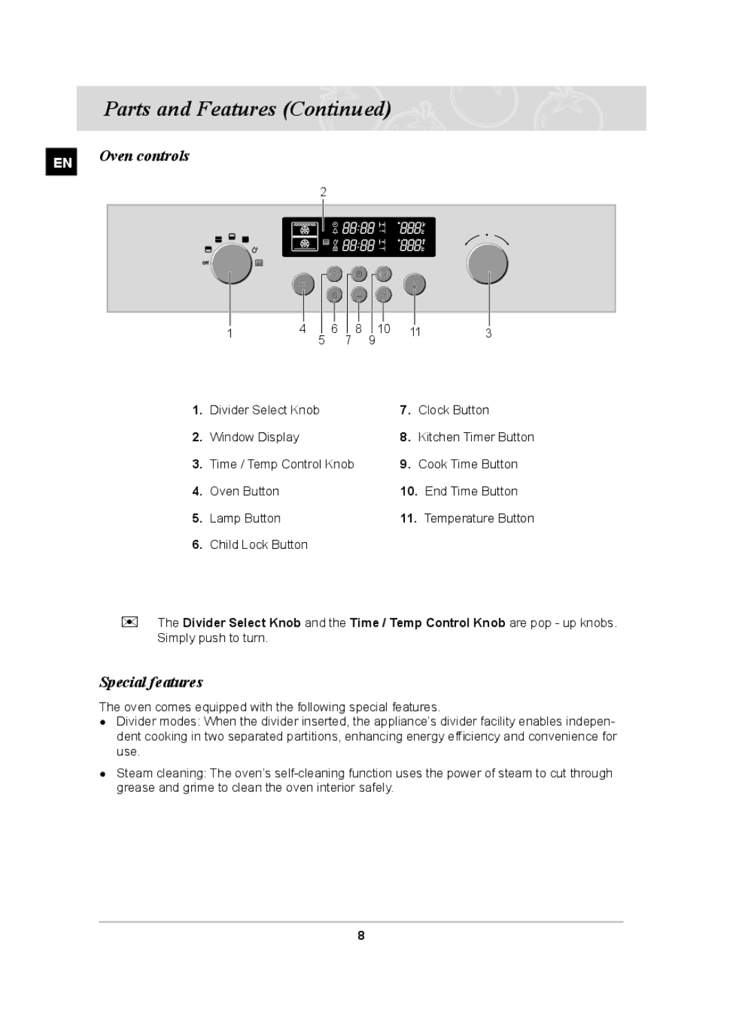 Samsung BT620FQST, BT62FQBPST, BT62FQPST, BT62FQFST, BT62FQBFST owner manual Oven controls, Special features 