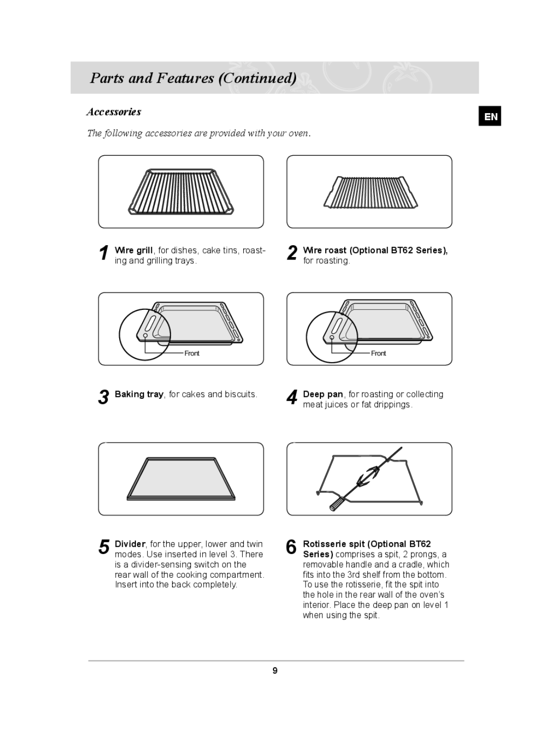 Samsung BT62FQBPST, BT620FQST, BT62FQPST, BT62FQFST Accessories, Following accessories are provided with your oven 