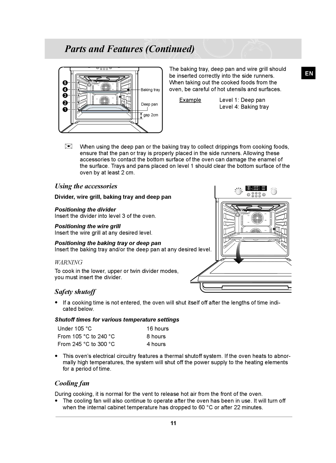 Samsung BT62FQFST, BT620FQST, BT62FQBPST, BT62FQPST, BT62FQBFST owner manual Using the accessories, Safety shutoff, Cooling fan 