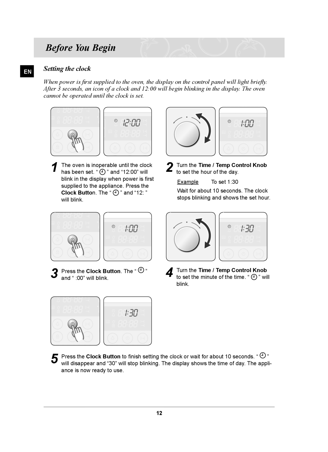 Samsung BT62FQBFST, BT620FQST, BT62FQBPST Before You Begin, Setting the clock, Cannot be operated until the clock is set 