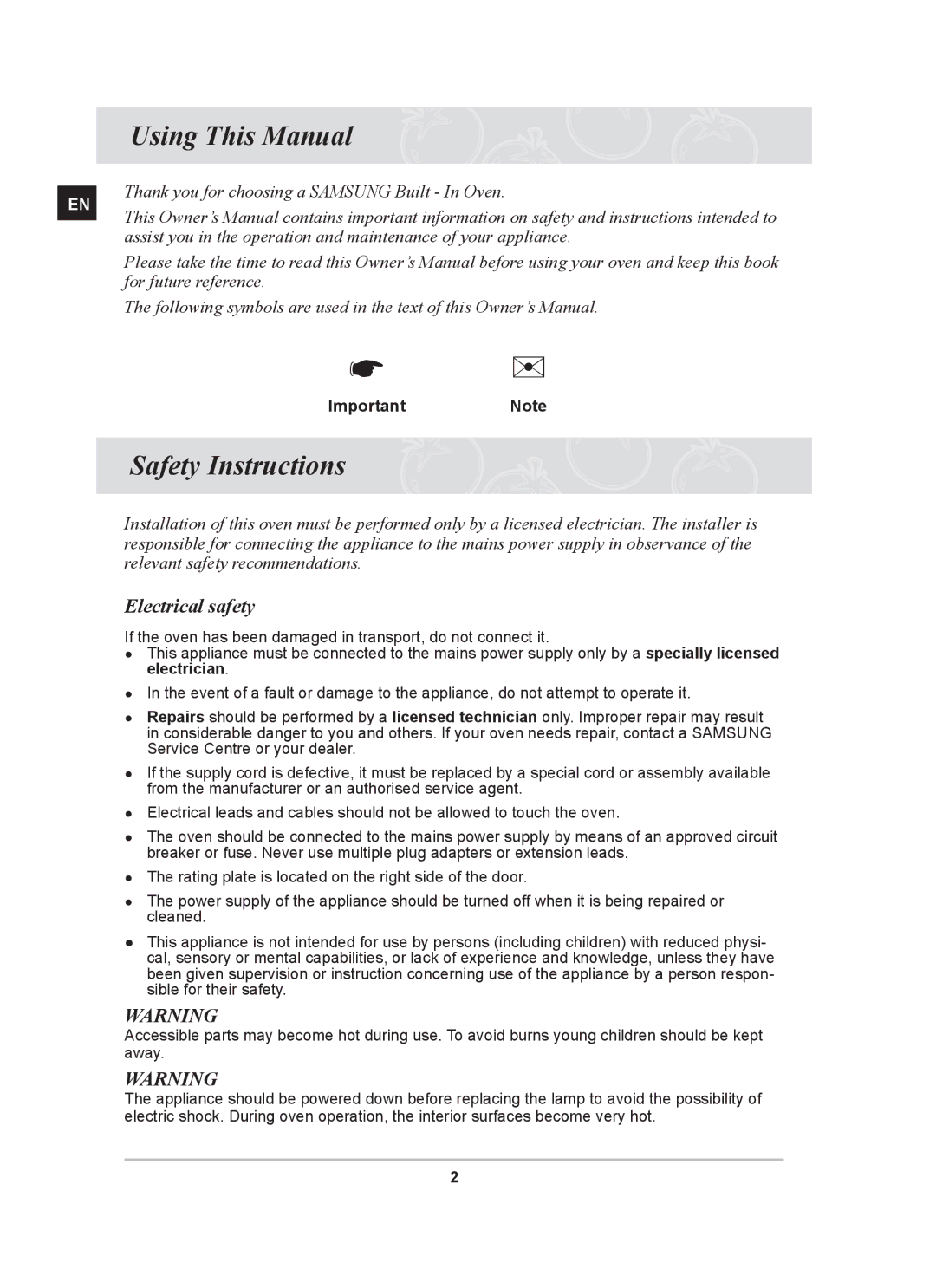 Samsung BT62FQBFST, BT620FQST, BT62FQBPST Using This Manual, Safety Instructions, Electrical safety, ImportantNote 