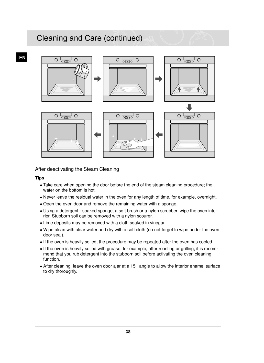 Samsung BT620FQST, BT62FQBPST, BT62FQPST, BT62FQFST, BT62FQBFST owner manual After deactivating the Steam Cleaning, Tips 