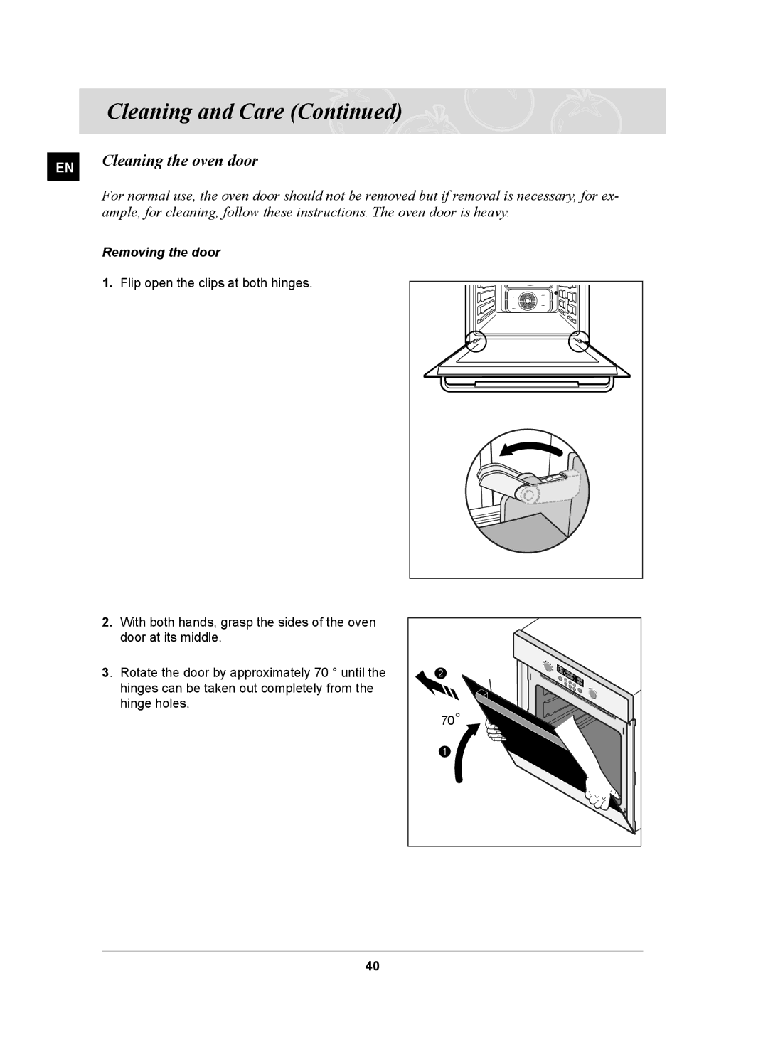 Samsung BT62FQPST, BT620FQST, BT62FQBPST, BT62FQFST, BT62FQBFST owner manual Cleaning the oven door, Removing the door 