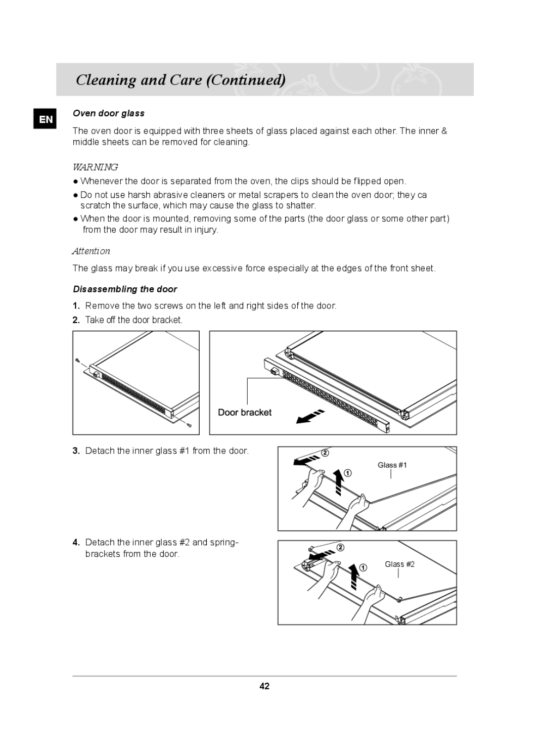 Samsung BT62FQBFST, BT620FQST, BT62FQPST Oven door glass, Middle sheets can be removed for cleaning, Disassembling the door 