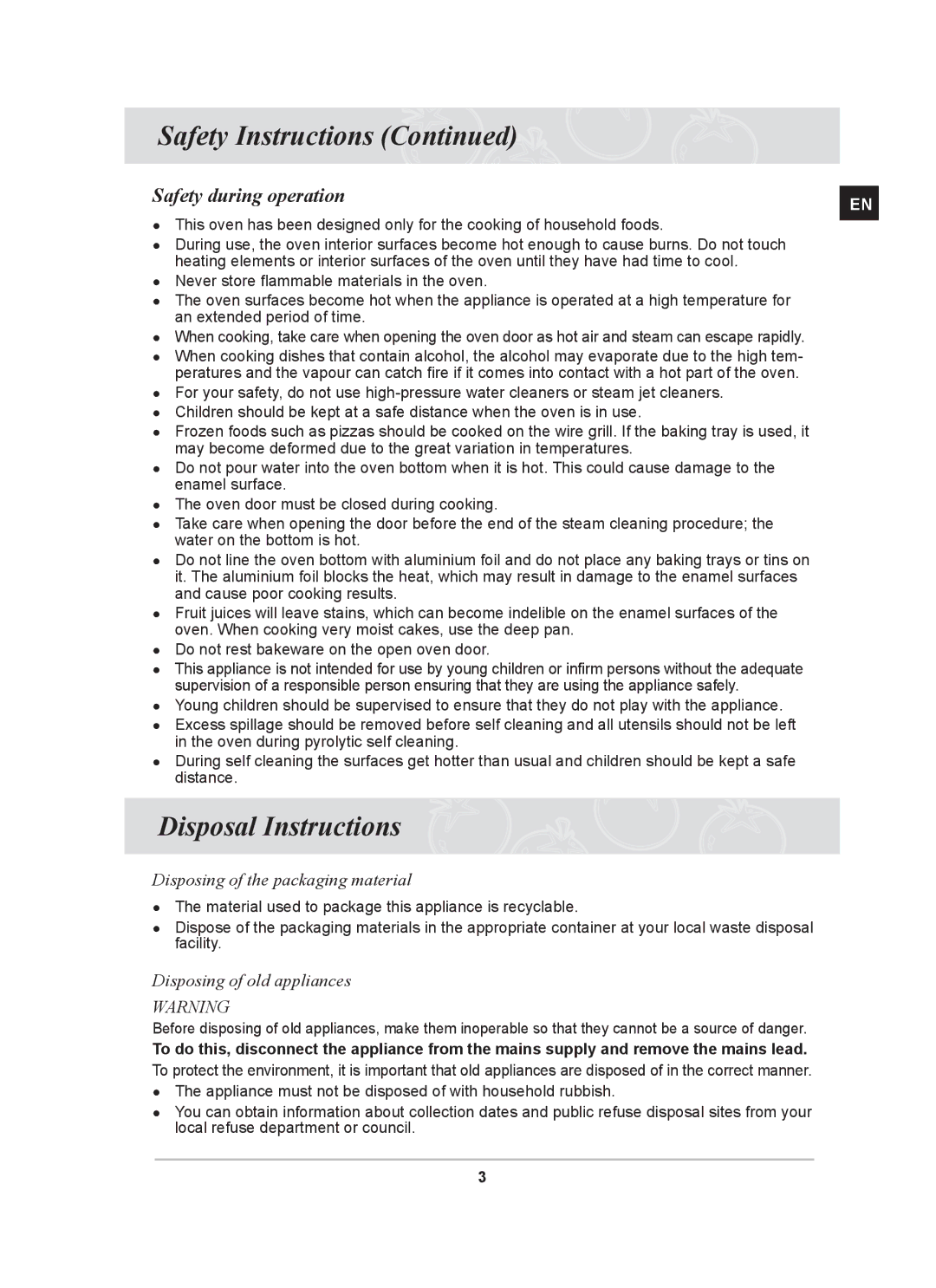 Samsung BT620FQST, BT62FQBPST Disposal Instructions, Safety during operation, Disposing of the packaging material 