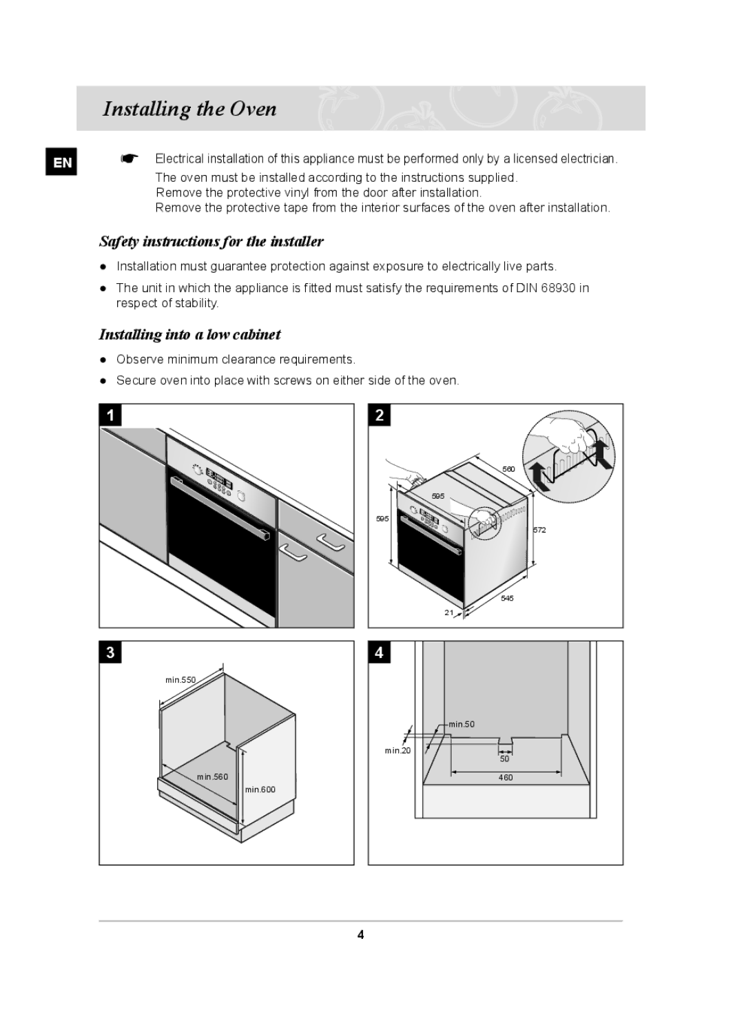 Samsung BT62FQBPST, BT620FQST Installing the Oven, Safety instructions for the installer, Installing into a low cabinet 