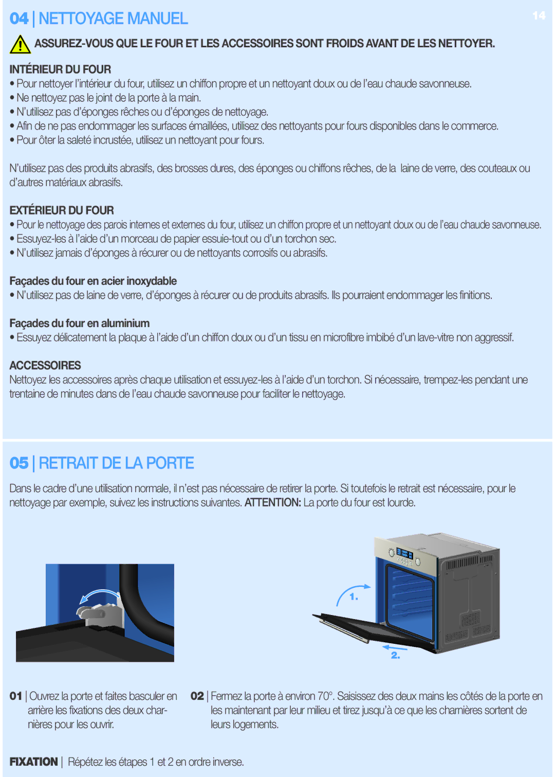 Samsung BT620FQST/XEF manual Retrait DE LA Porte, EXTéRIEUR DU Four, Façades du four en acier inoxydable, Accessoires 