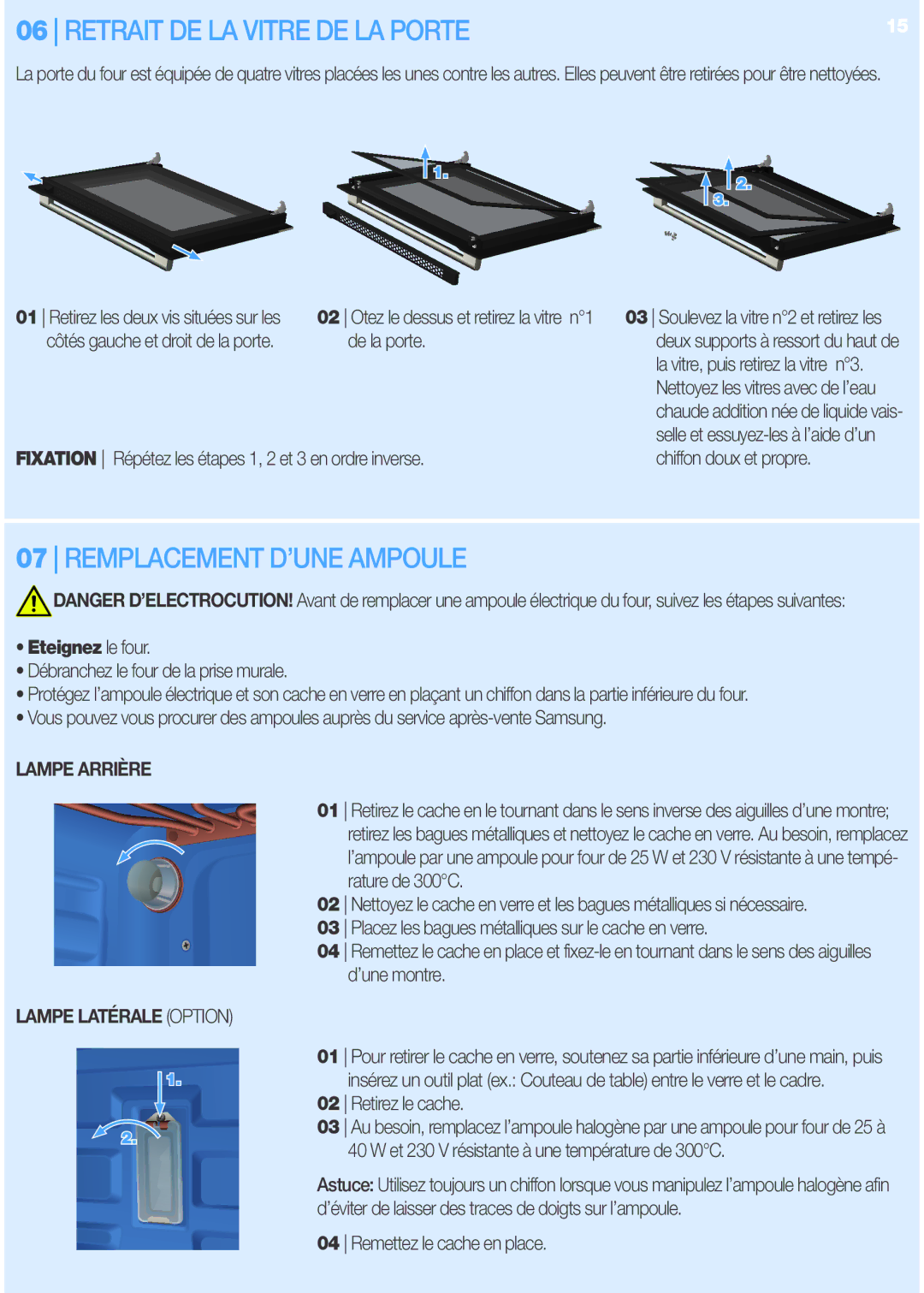 Samsung BT620FQST/XEF Remplacement D’UNE Ampoule, De la porte, Eteignez le four, Lampe Arrière, Lampe LATéRALE Option 