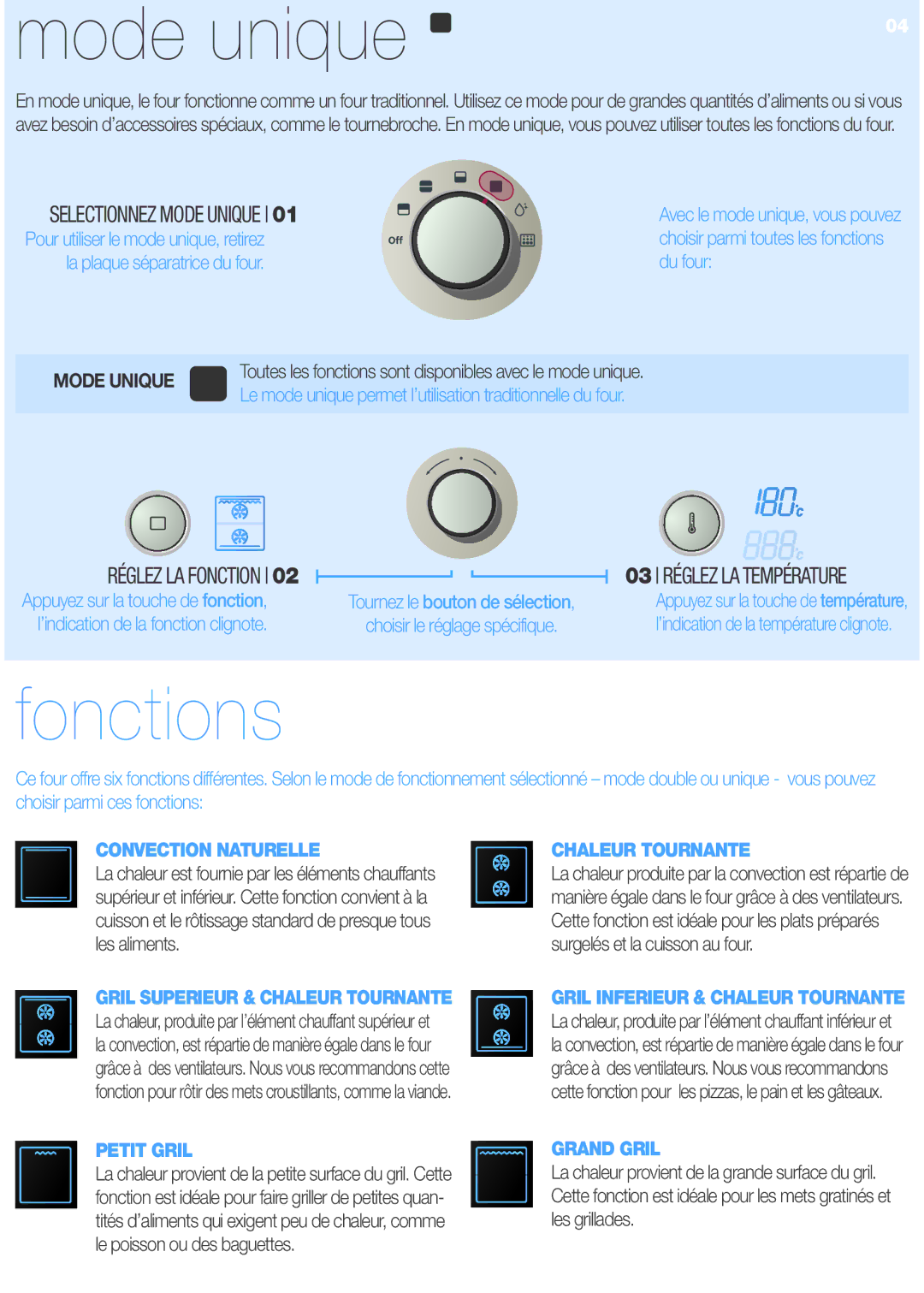 Samsung BT620FQST/XEF manual Réglez LA Fonction, Selectionnez Mode Unique 