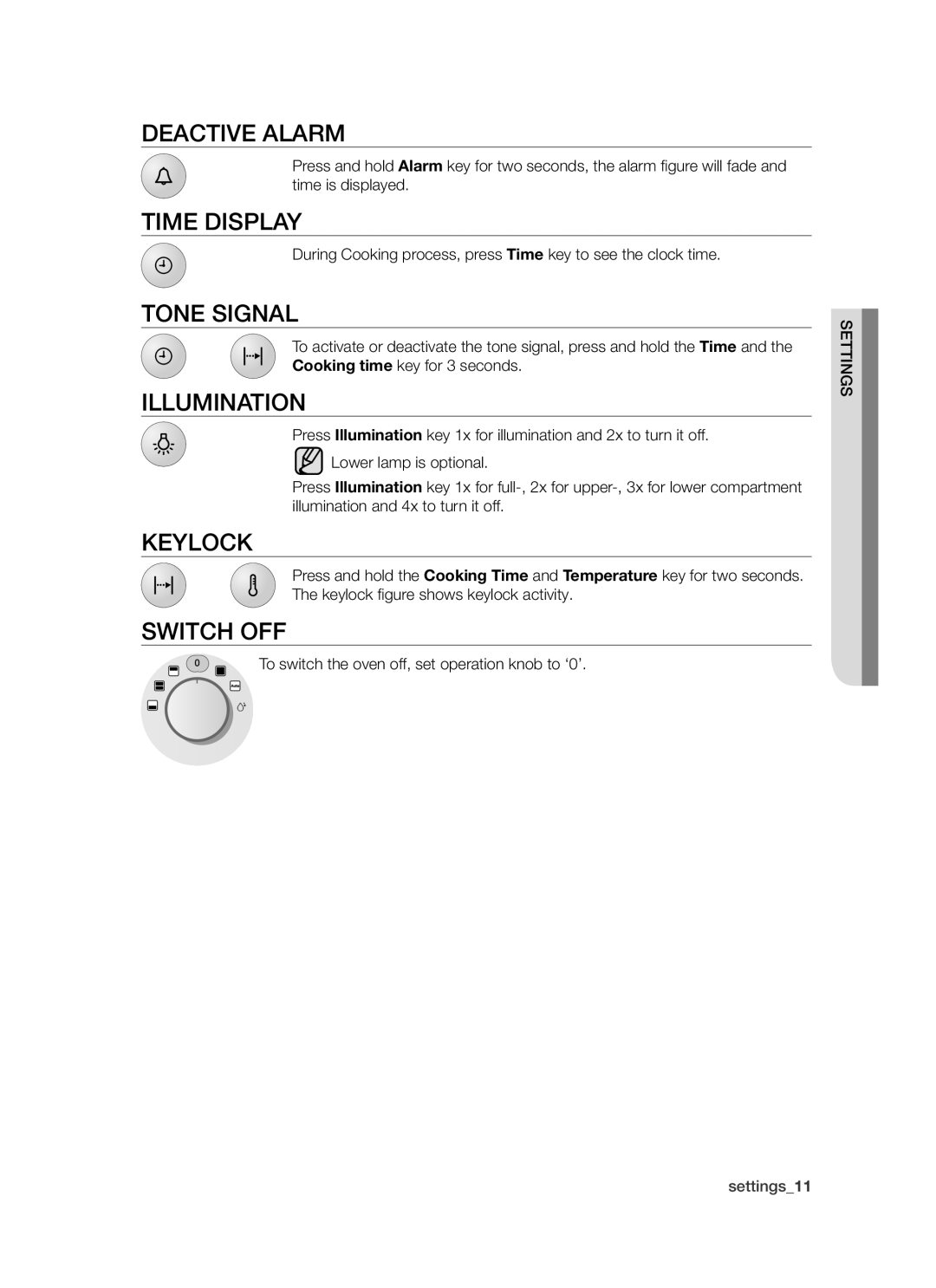 Samsung BT621 Series user manual Deactive Alarm, Time Display, Tone Signal, Illumination, Keylock, Switch OFF 