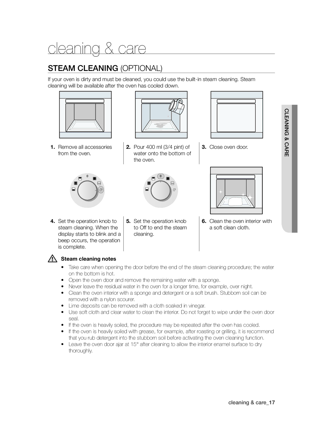 Samsung BT621 Series user manual Cleaning & care, Steam Cleaning Optional, Steam cleaning notes 