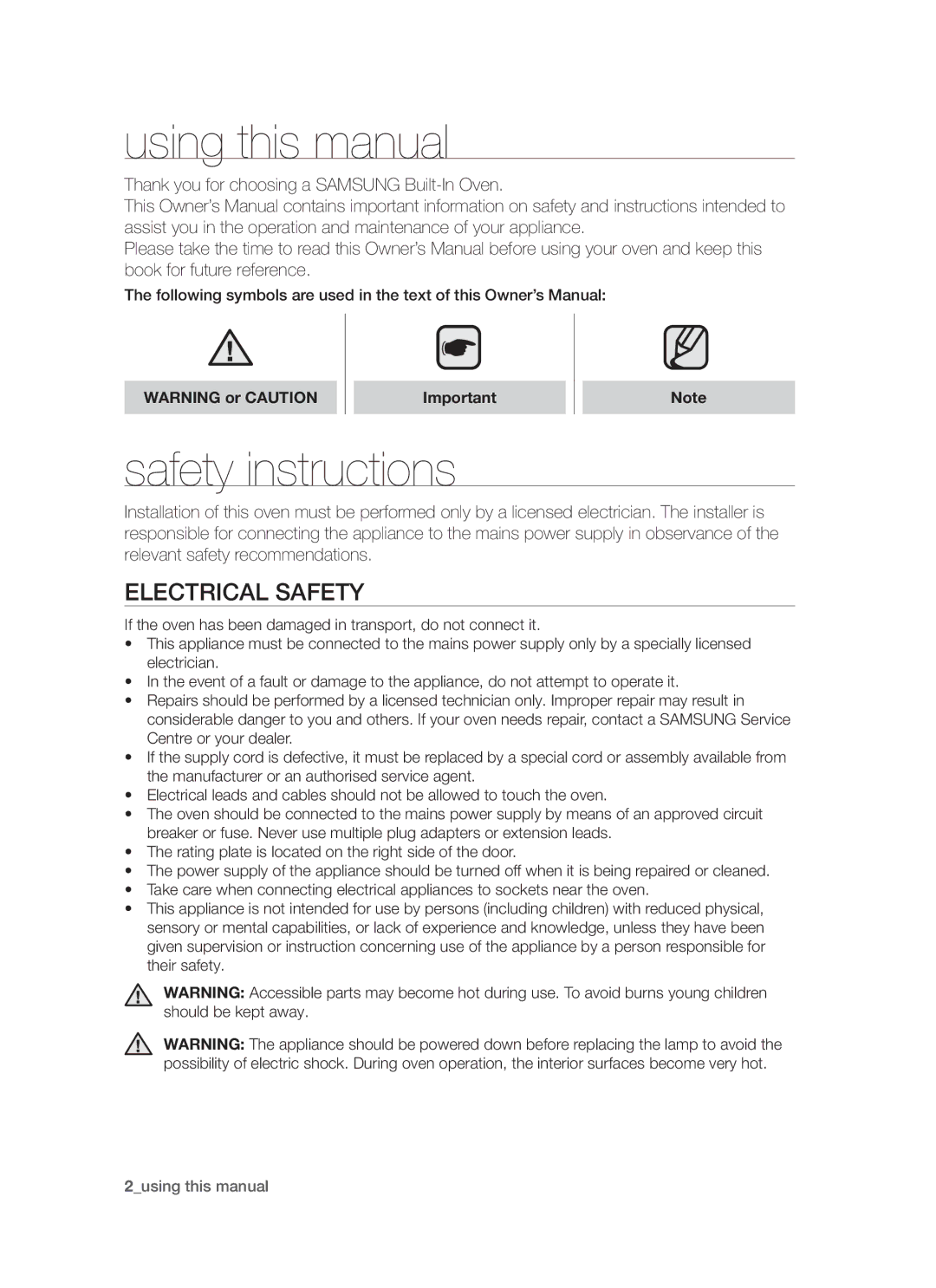 Samsung BT621 Series user manual Using this manual, Safety instructions, Electrical Safety 