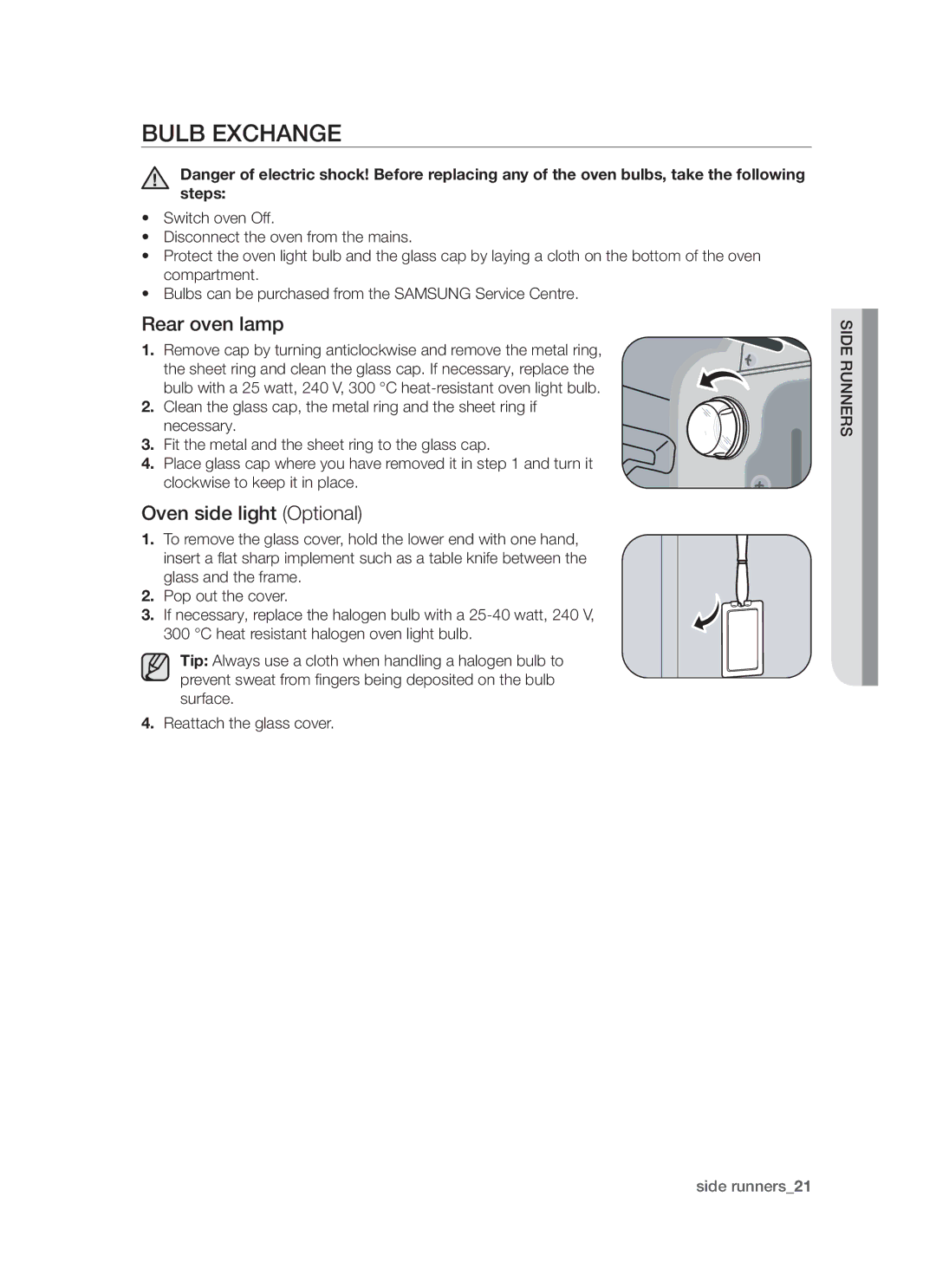 Samsung BT621 Series user manual Bulb Exchange, Rear oven lamp, Oven side light Optional 