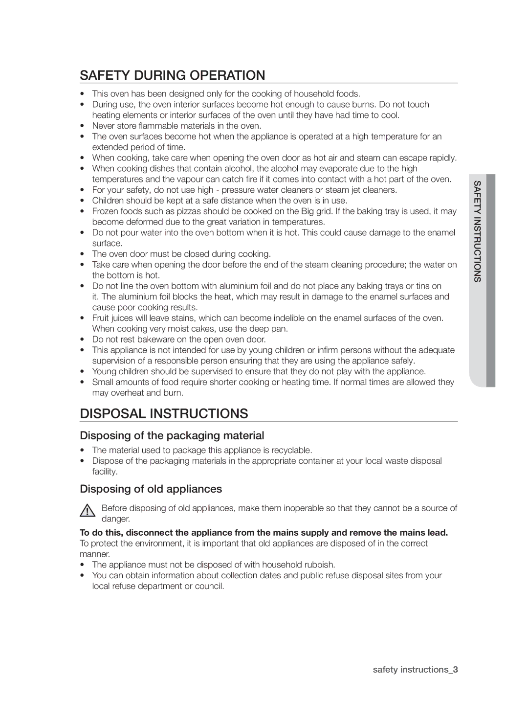 Samsung BT621 Series user manual Safety During Operation, Disposal Instructions, Disposing of the packaging material 