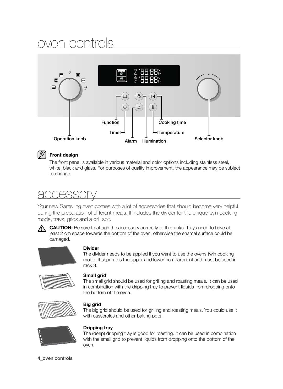 Samsung BT621 Series user manual Oven controls, Accessory 