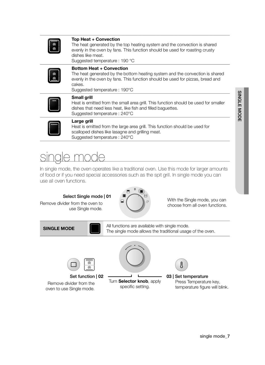 Samsung BT621 Series user manual Single mode, Top Heat + Convection, Bottom Heat + Convection, Small grill, Large grill 