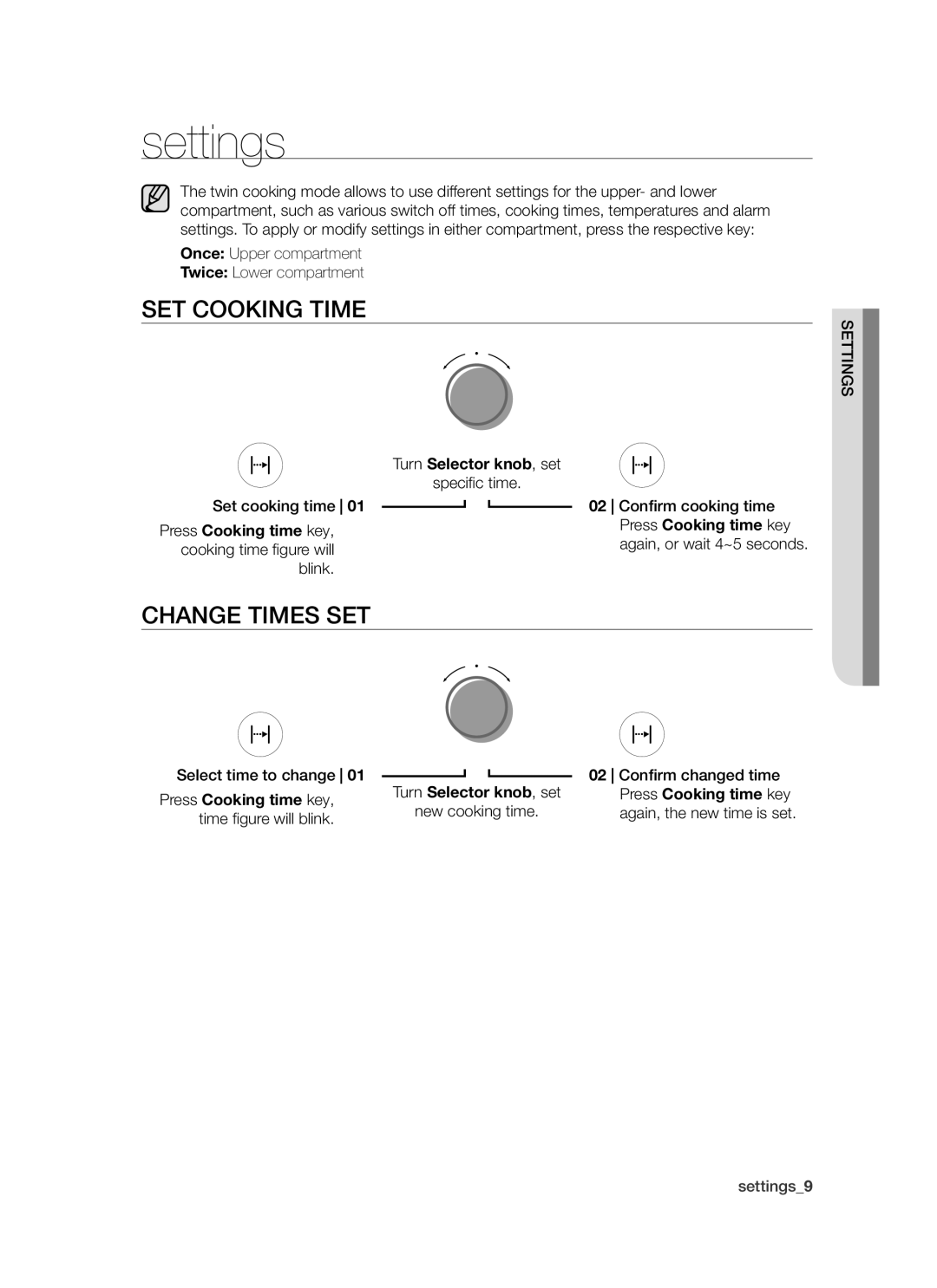 Samsung BT621 Series user manual Settings, SET Cooking Time, Change Times SET, Turn Selector knob, set 