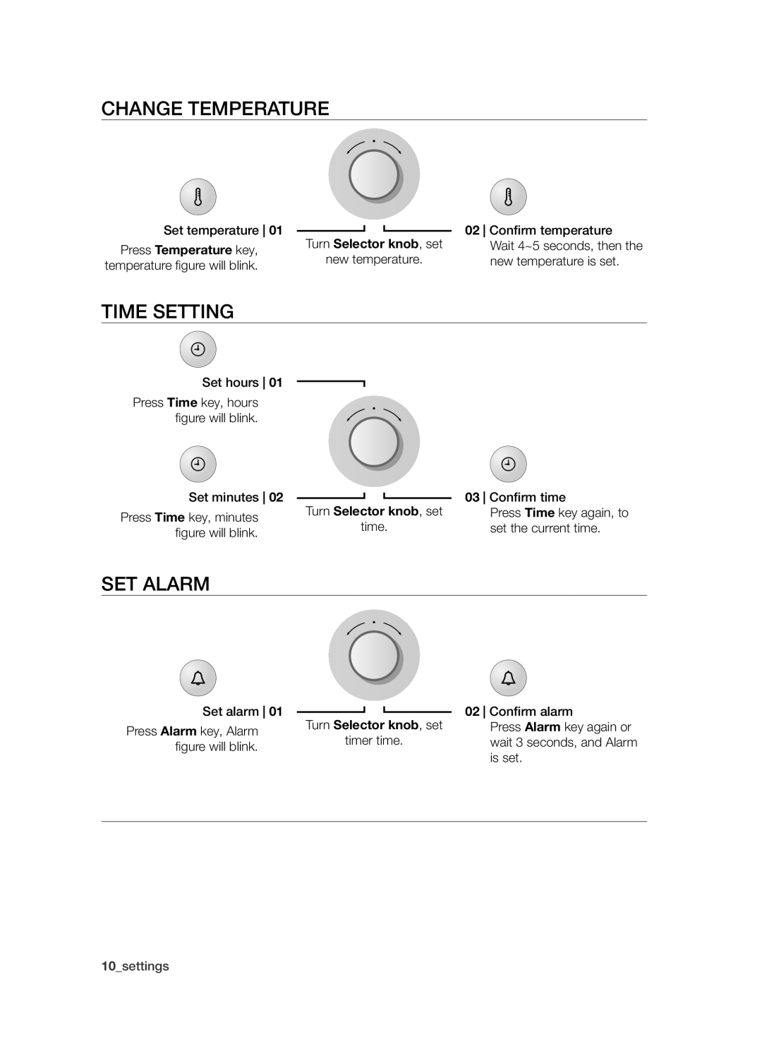 Samsung BT621 Series user manual Change Temperature, Time Setting, Set Alarm, 10settings, Press Temperature key 