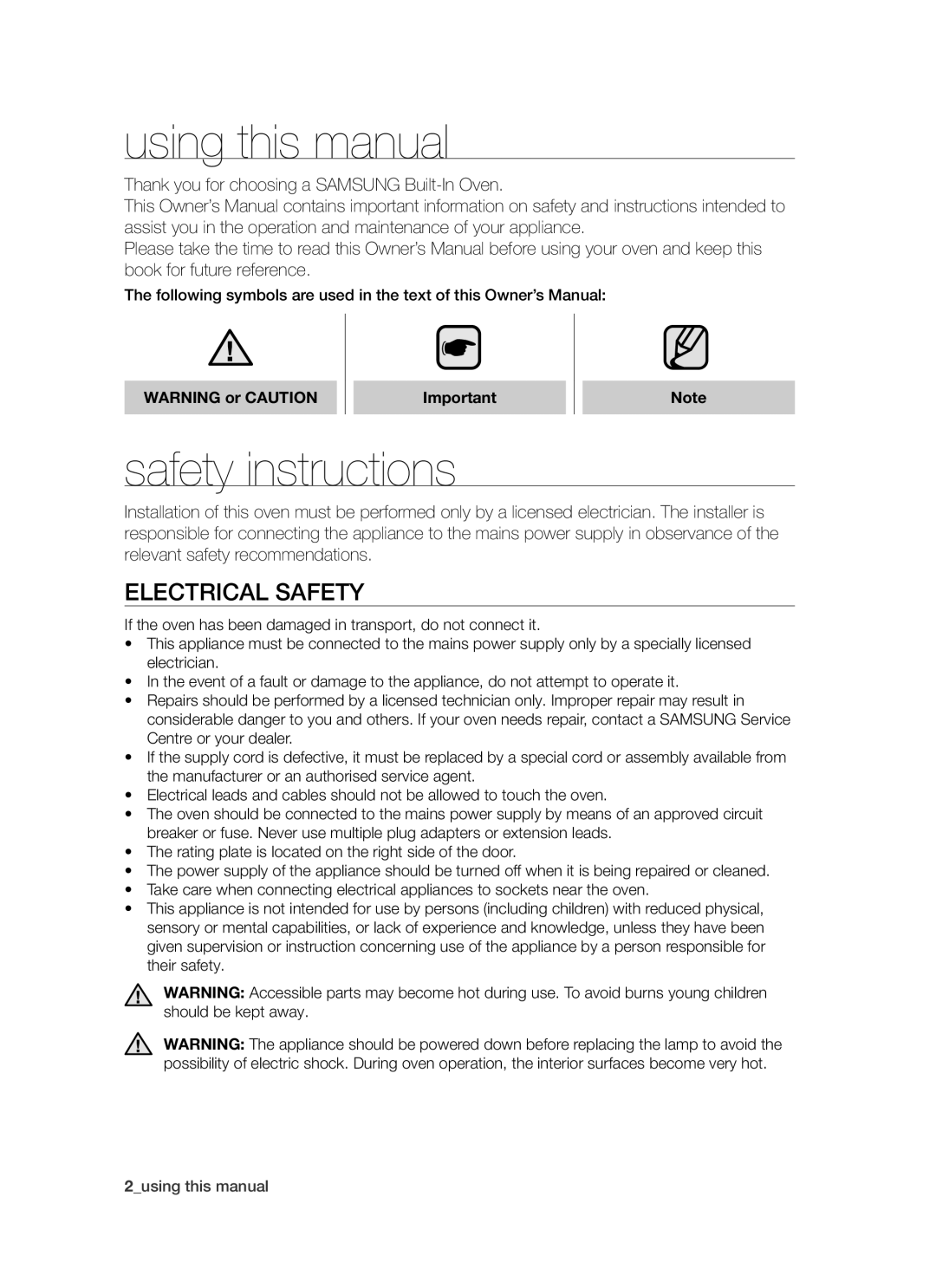 Samsung BT621 Series user manual using this manual, safety instructions, Electrical Safety 
