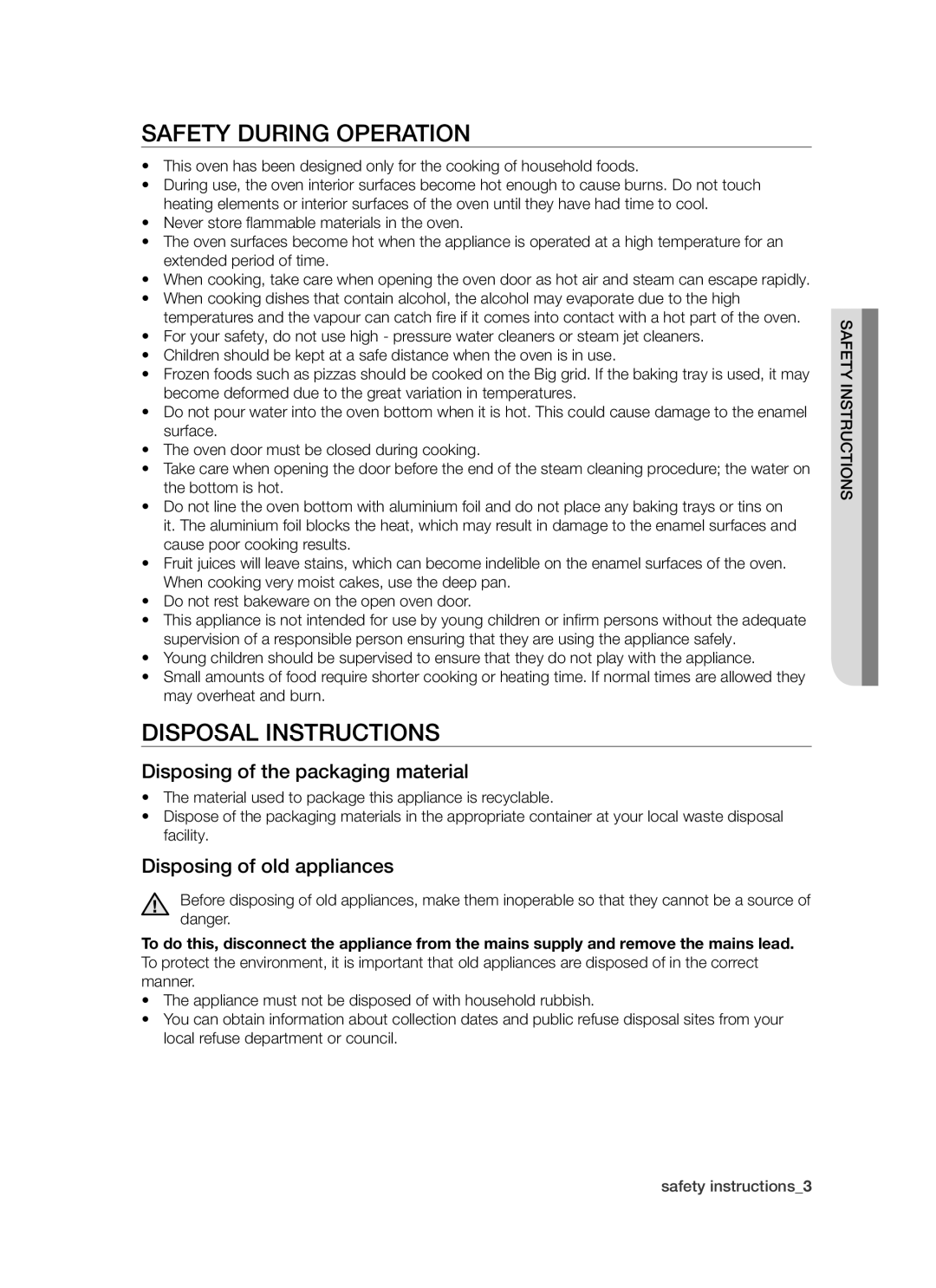 Samsung BT621 Series user manual Safety During Operation, Disposal Instructions, Disposing of the packaging material 