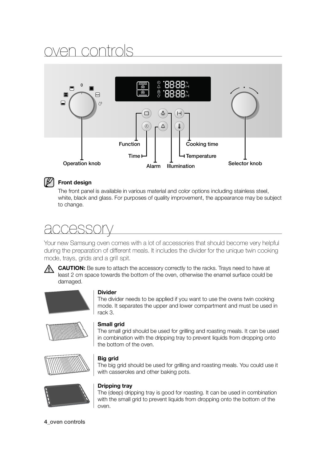 Samsung BT621 Series user manual accessory, 4oven controls, Front design, Divider, Small grid, Big grid, Dripping tray 