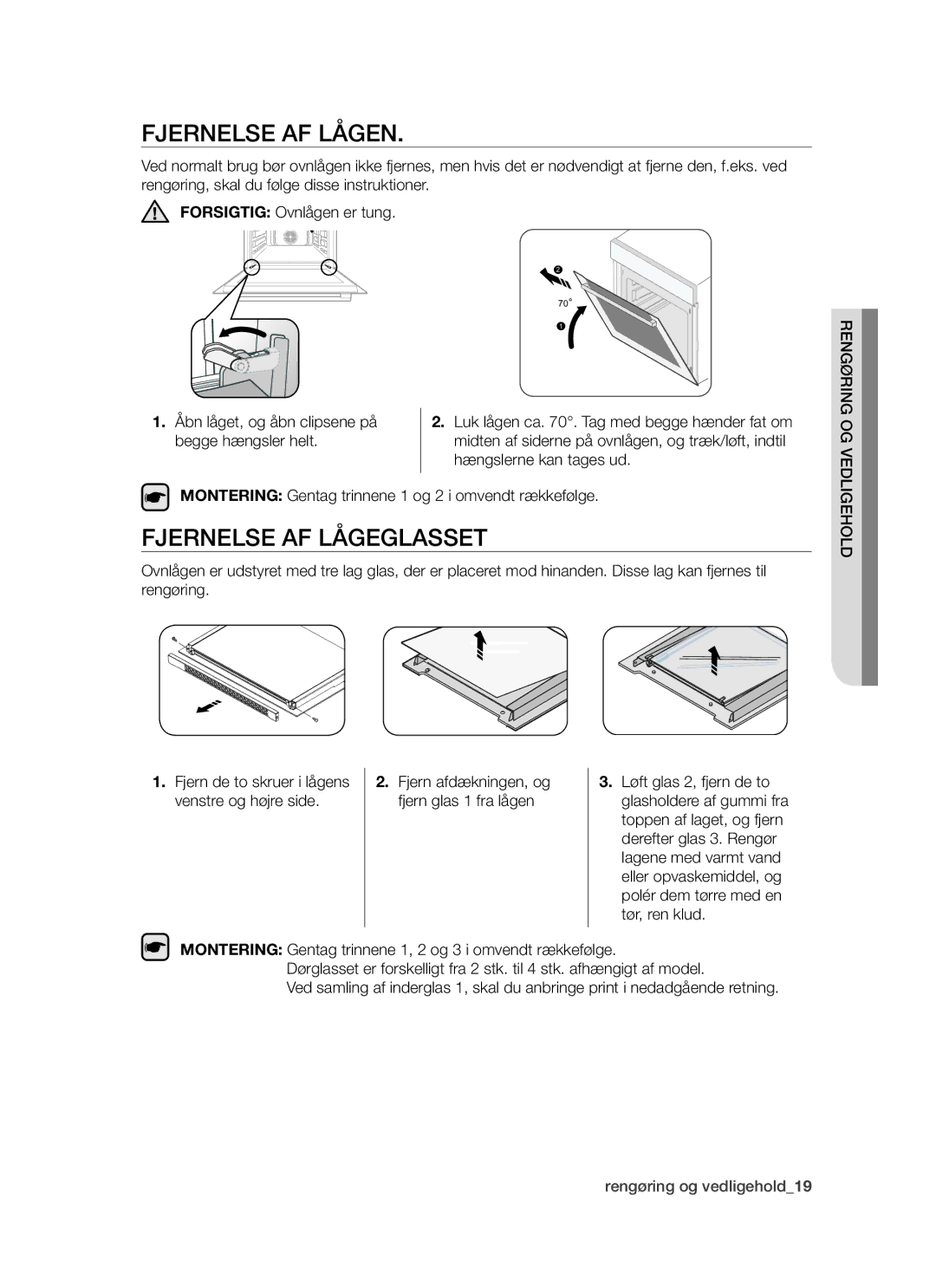 Samsung BT621FSBST/XEE manual Fjernelse AF Lågen, Fjernelse AF Lågeglasset 