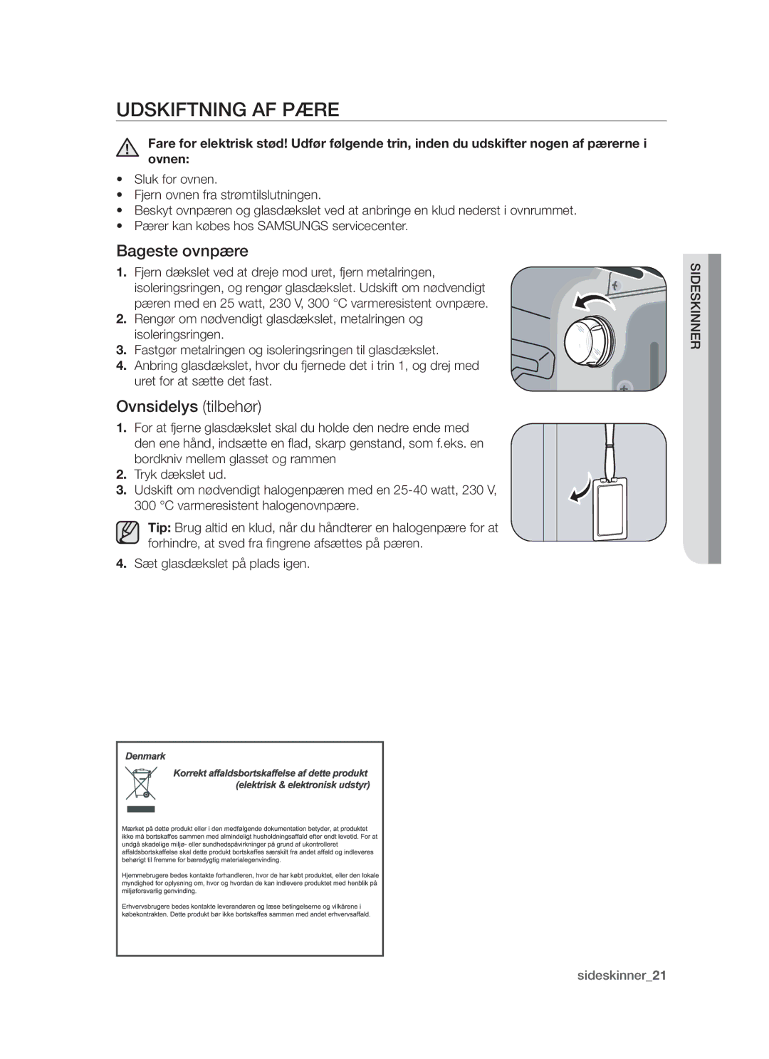 Samsung BT621FSBST/XEE manual Udskiftning AF Pære, Bageste ovnpære, Ovnsidelys tilbehør 