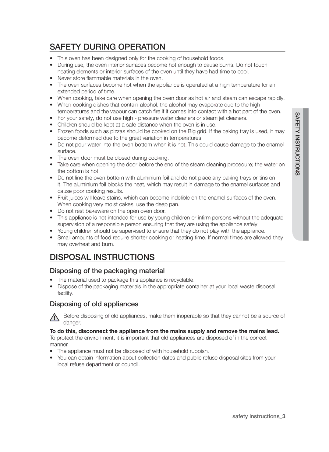 Samsung BT621FSBST/XEE manual Safety During Operation, Disposal Instructions, Disposing of the packaging material 