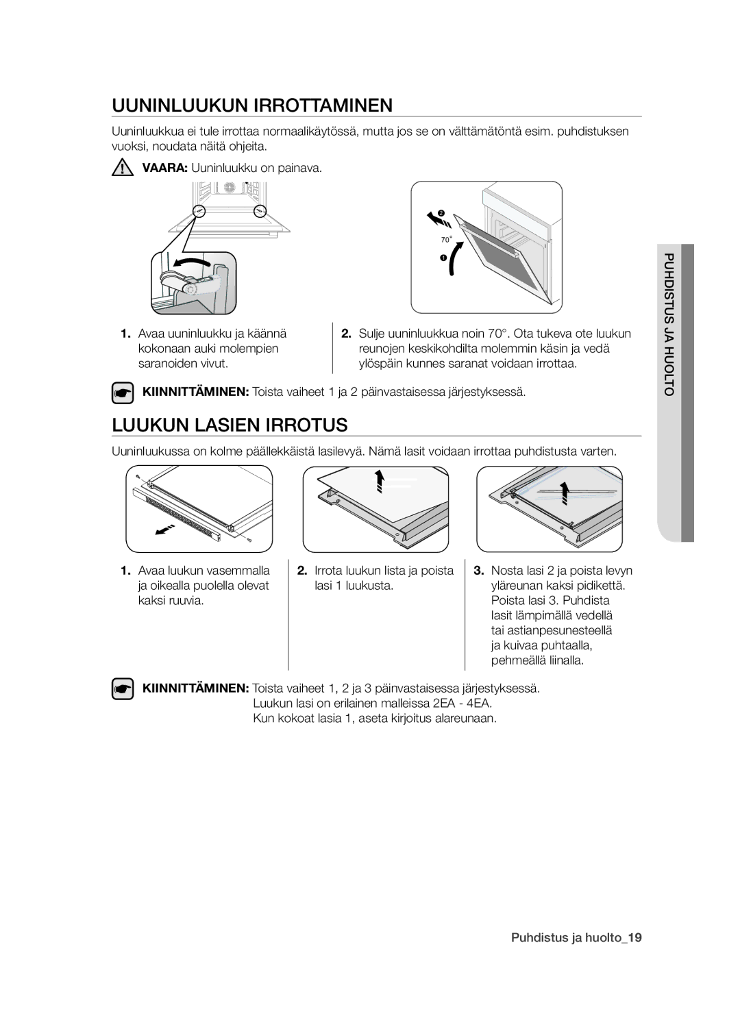 Samsung BT621FSBST/XEE manual Uuninluukun Irrottaminen, Luukun Lasien Irrotus 