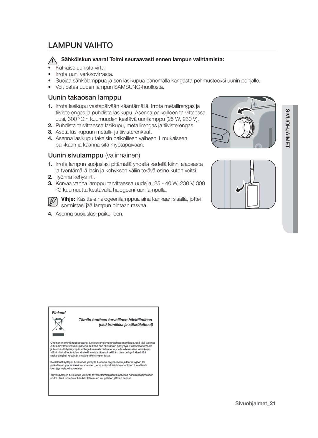 Samsung BT621FSBST/XEE manual Lampun Vaihto, Uunin takaosan lamppu, Uunin sivulamppu valinnainen 