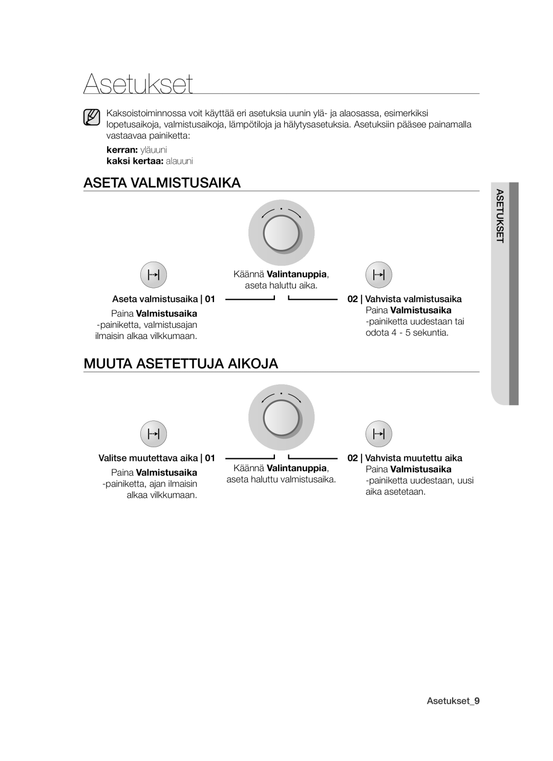 Samsung BT621FSBST/XEE manual Asetukset, Aseta Valmistusaika, Muuta Asetettuja Aikoja, Kerran yläuuni Kaksi kertaa alauuni 