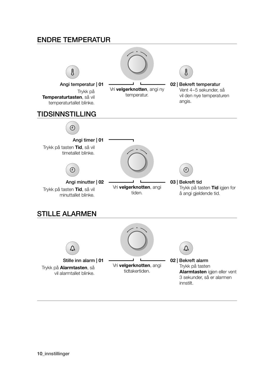 Samsung BT621FSBST/XEE manual Endre Temperatur, Tidsinnstilling, Stille Alarmen 