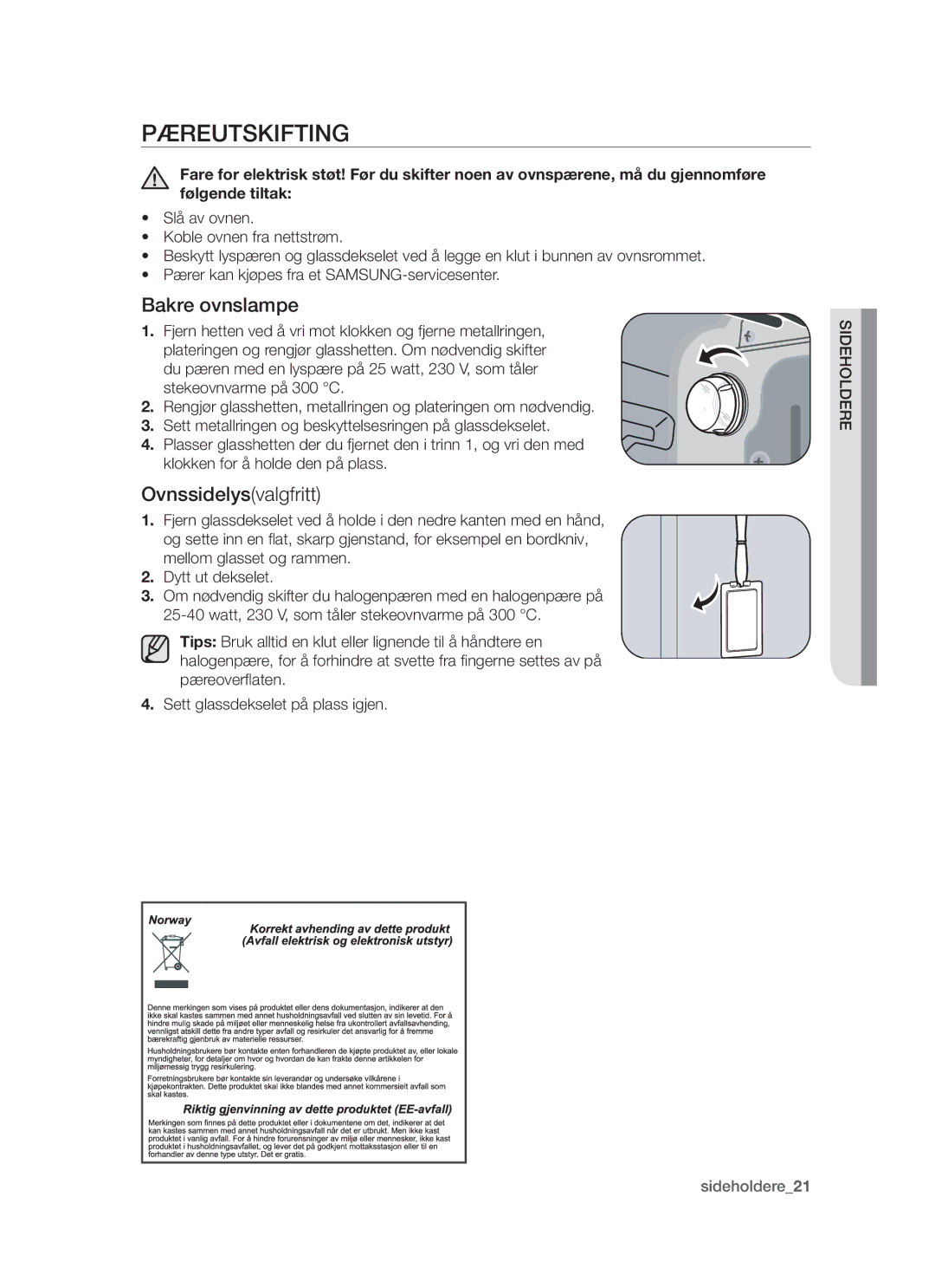 Samsung BT621FSBST/XEE manual Pæreutskifting, Bakre ovnslampe, Ovnssidelysvalgfritt 