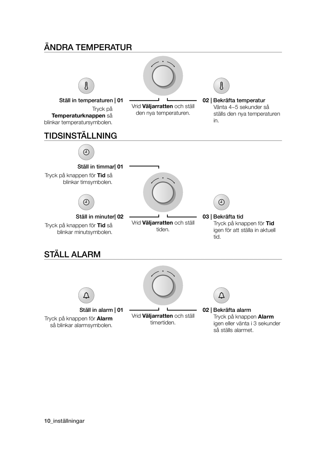 Samsung BT621FSBST/XEE manual Ändra Temperatur, Tidsinställning, Ställ Alarm, Temperaturknappen så 