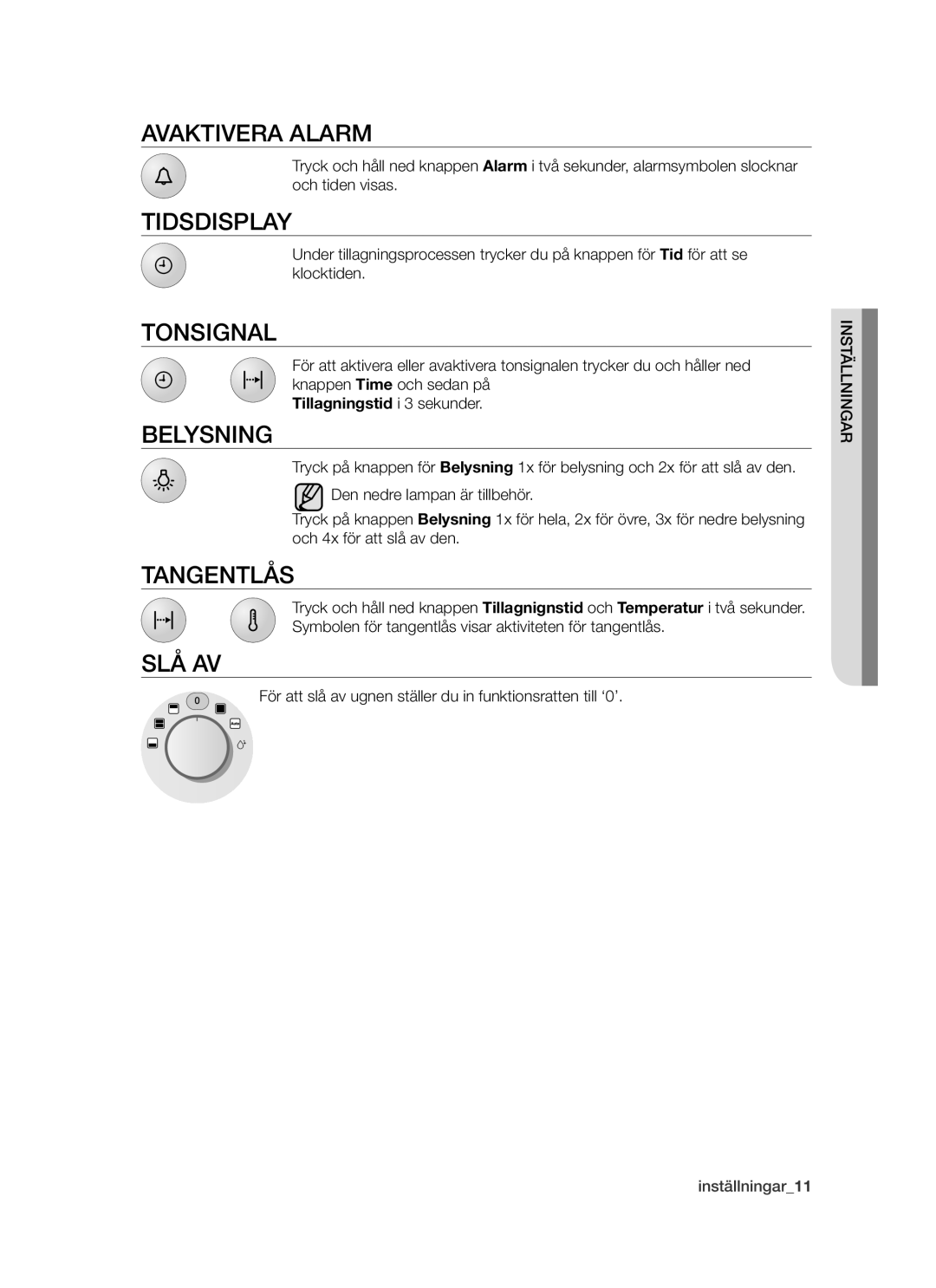 Samsung BT621FSBST/XEE manual Avaktivera Alarm, Tidsdisplay, Tonsignal, Belysning, Tangentlås, Slå Av 