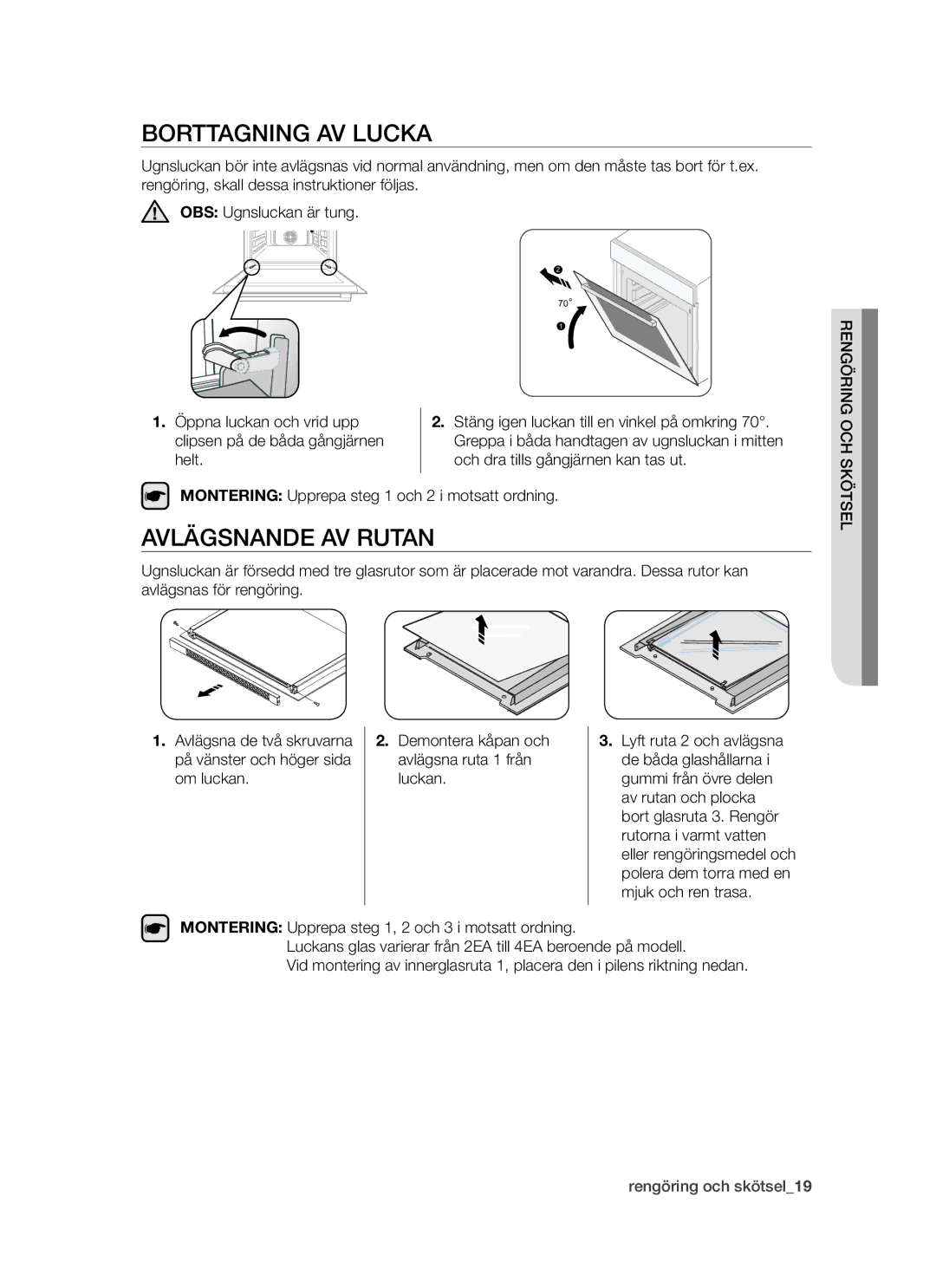 Samsung BT621FSBST/XEE manual Borttagning AV Lucka, Avlägsnande AV Rutan 