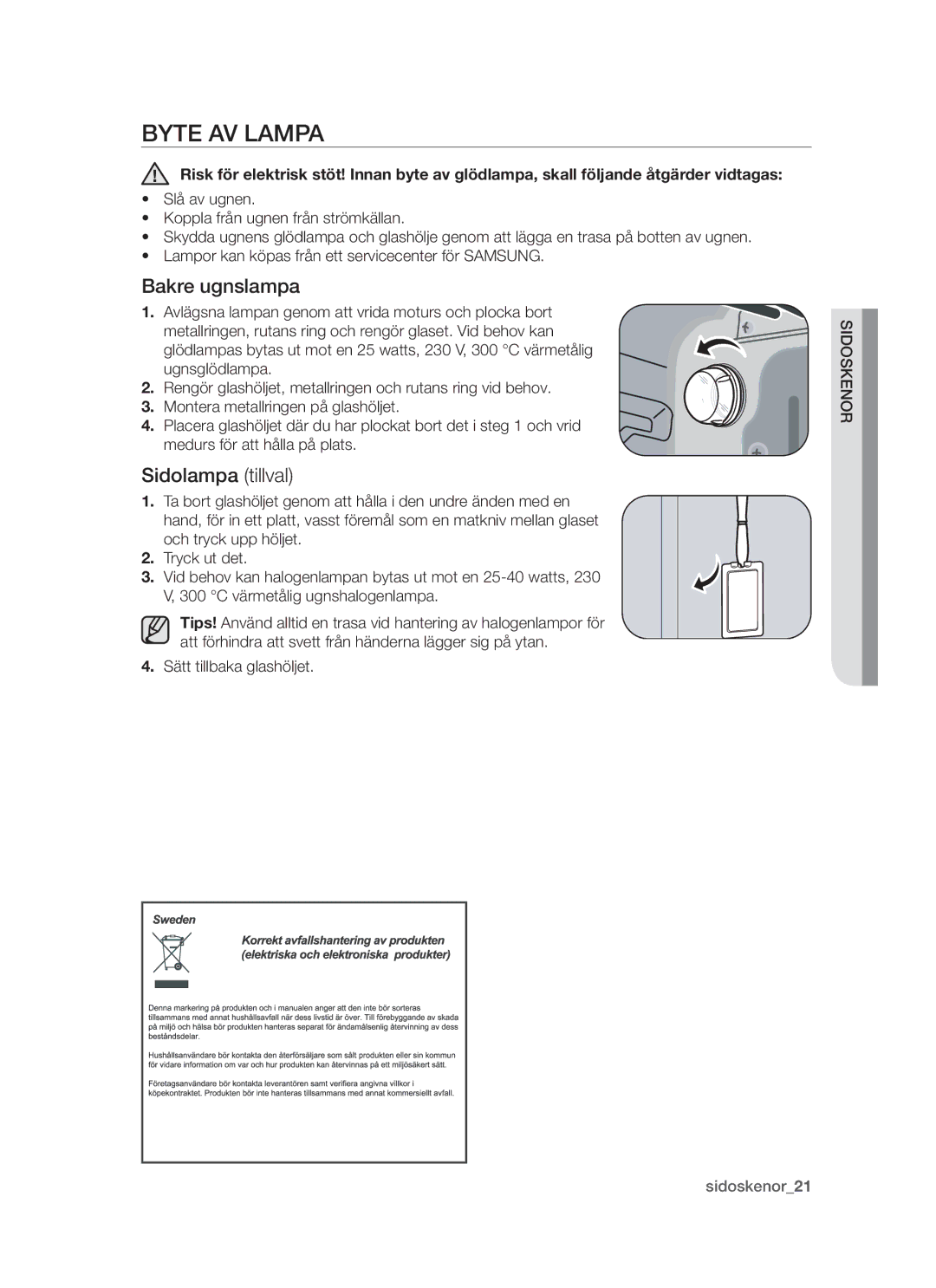 Samsung BT621FSBST/XEE manual Byte AV Lampa, Bakre ugnslampa, Sidolampa tillval 