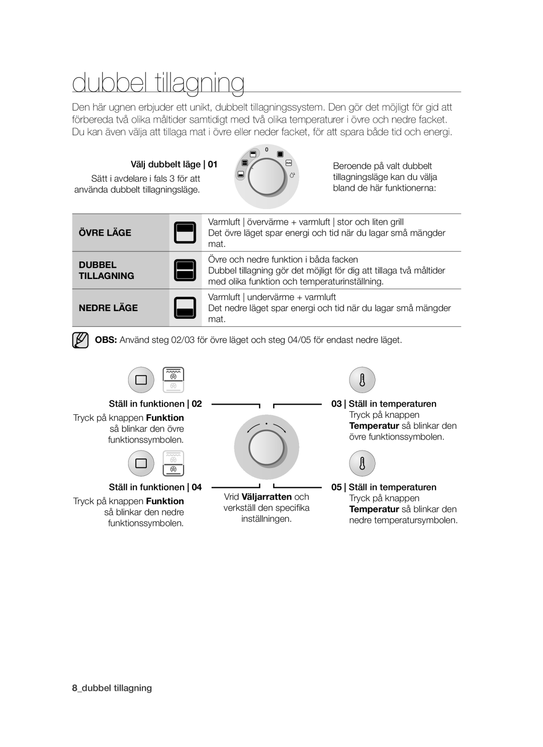 Samsung BT621FSBST/XEE manual Dubbel tillagning, Övre och nedre funktion i båda facken, Tillagning 