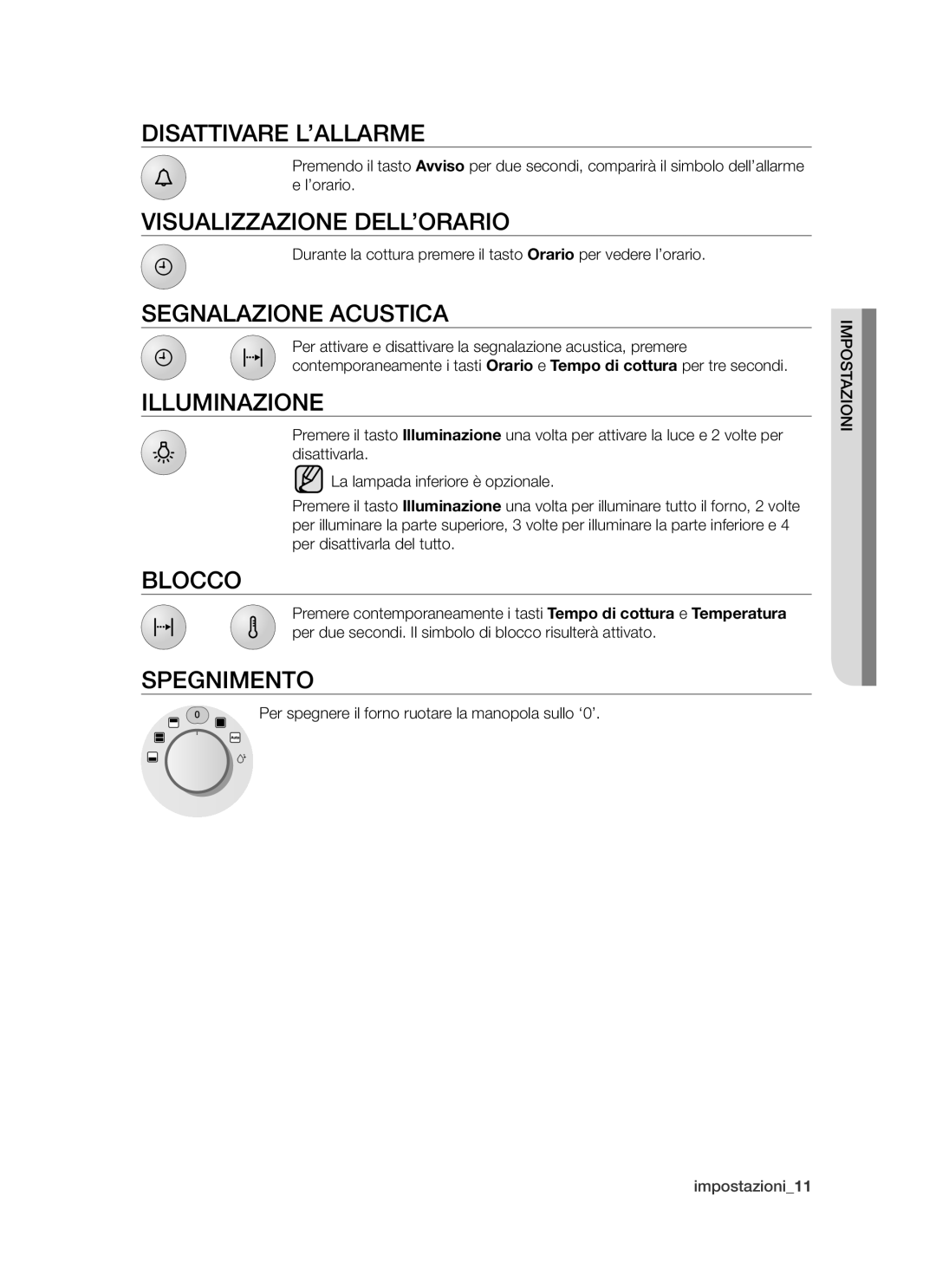 Samsung BT621FSBTL/XET Disattivare L’ALLARME, Visualizzazione DELL’ORARIO, Segnalazione Acustica, Illuminazione, Blocco 