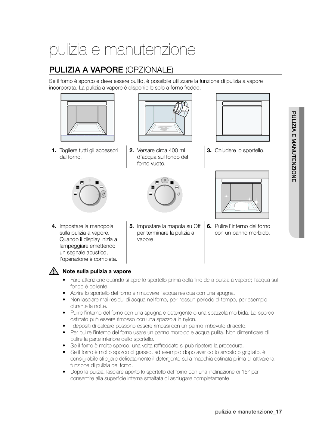 Samsung BT621FSBTL/XET manual Pulizia e manutenzione, Pulizia a Vapore Opzionale 