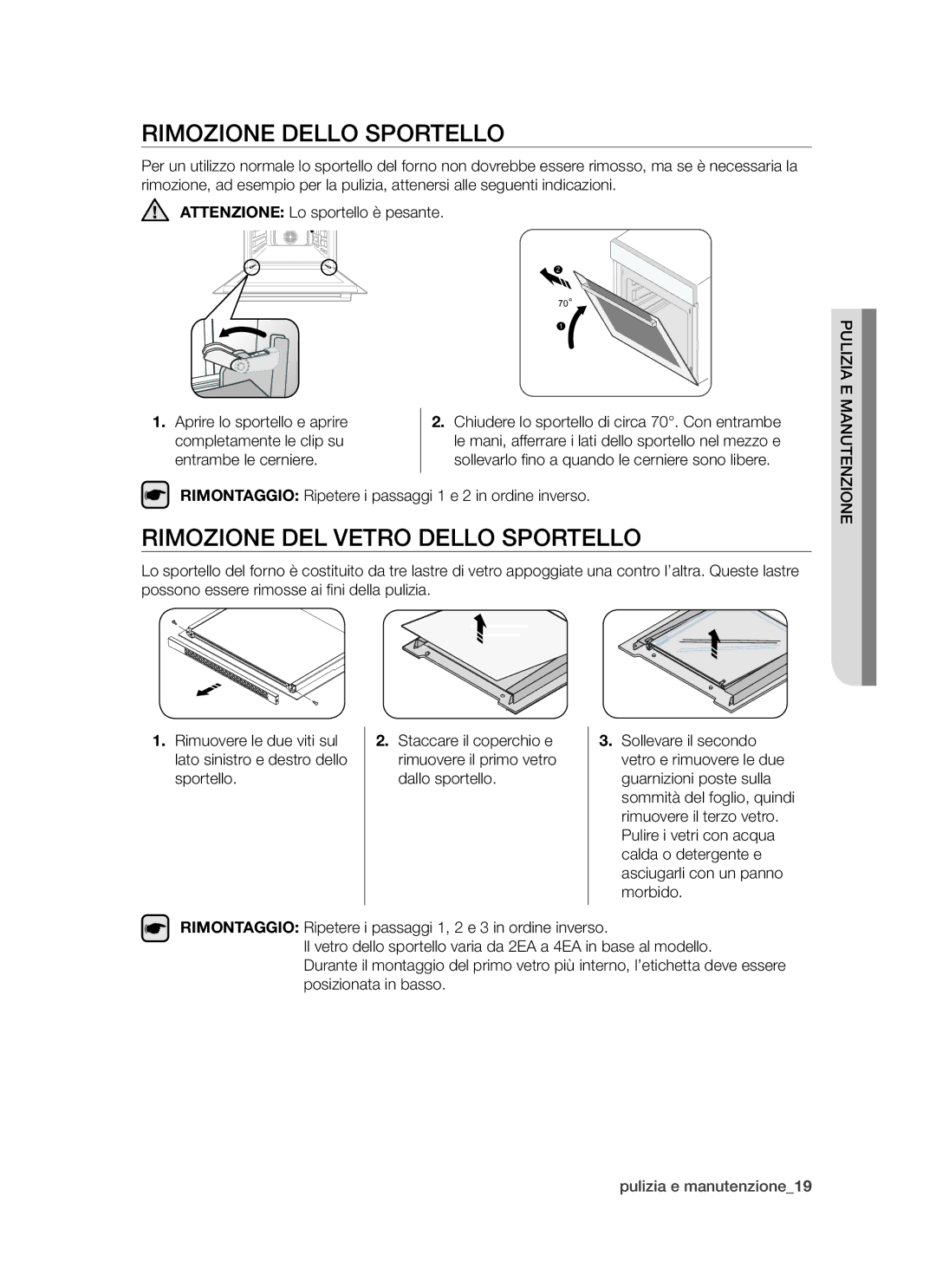 Samsung BT621FSBTL/XET manual Rimozione Dello Sportello, Rimozione DEL Vetro Dello Sportello 