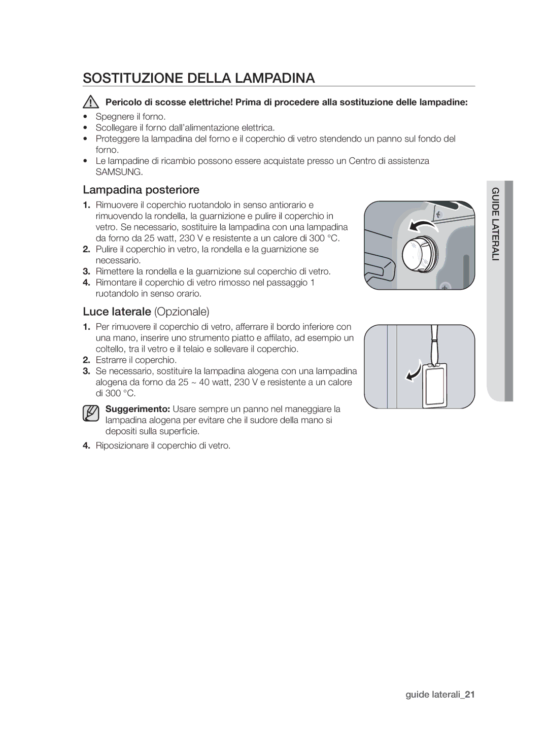 Samsung BT621FSBTL/XET manual Sostituzione Della Lampadina, Lampadina posteriore, Luce laterale Opzionale 