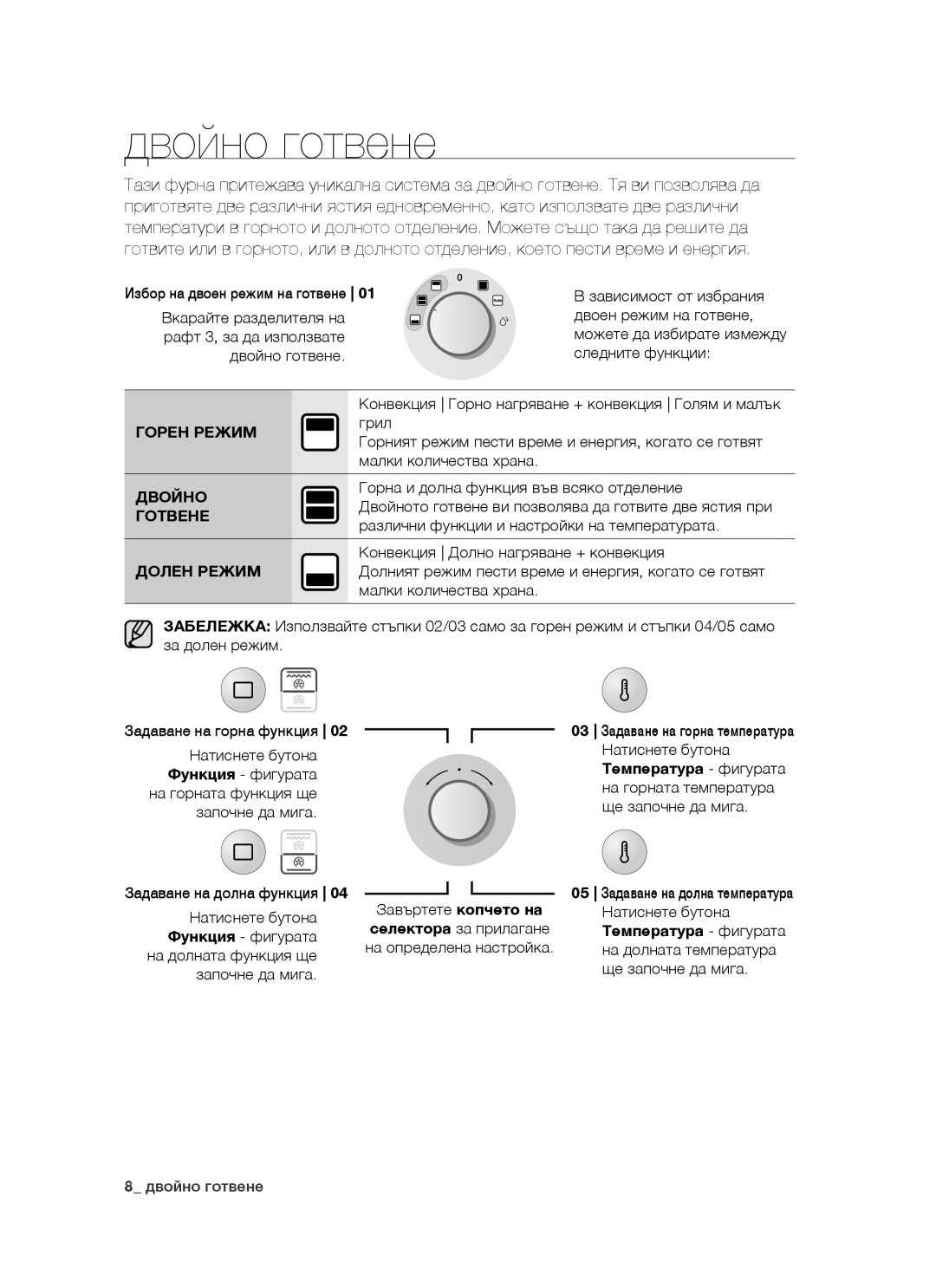 Samsung BT621FSGB/BOL manual Двойно готвене, Горен Режим, Готвене 