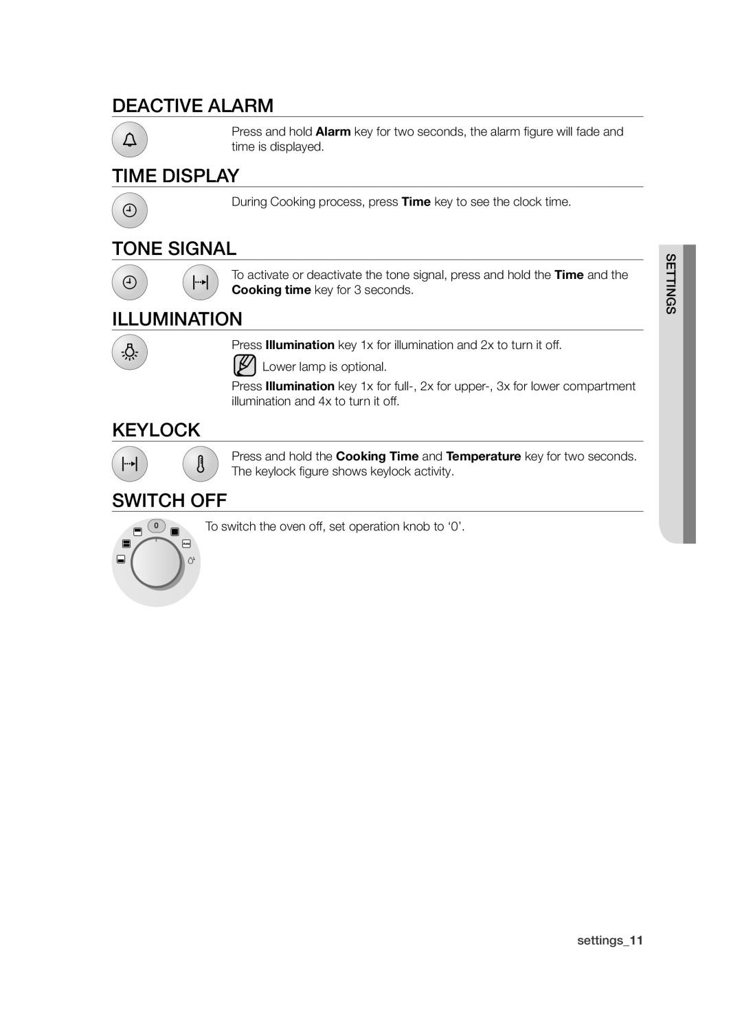 Samsung BT621FSGB/BOL manual Deactive Alarm, Time Display, Tone Signal, Illumination, Keylock, Switch OFF 